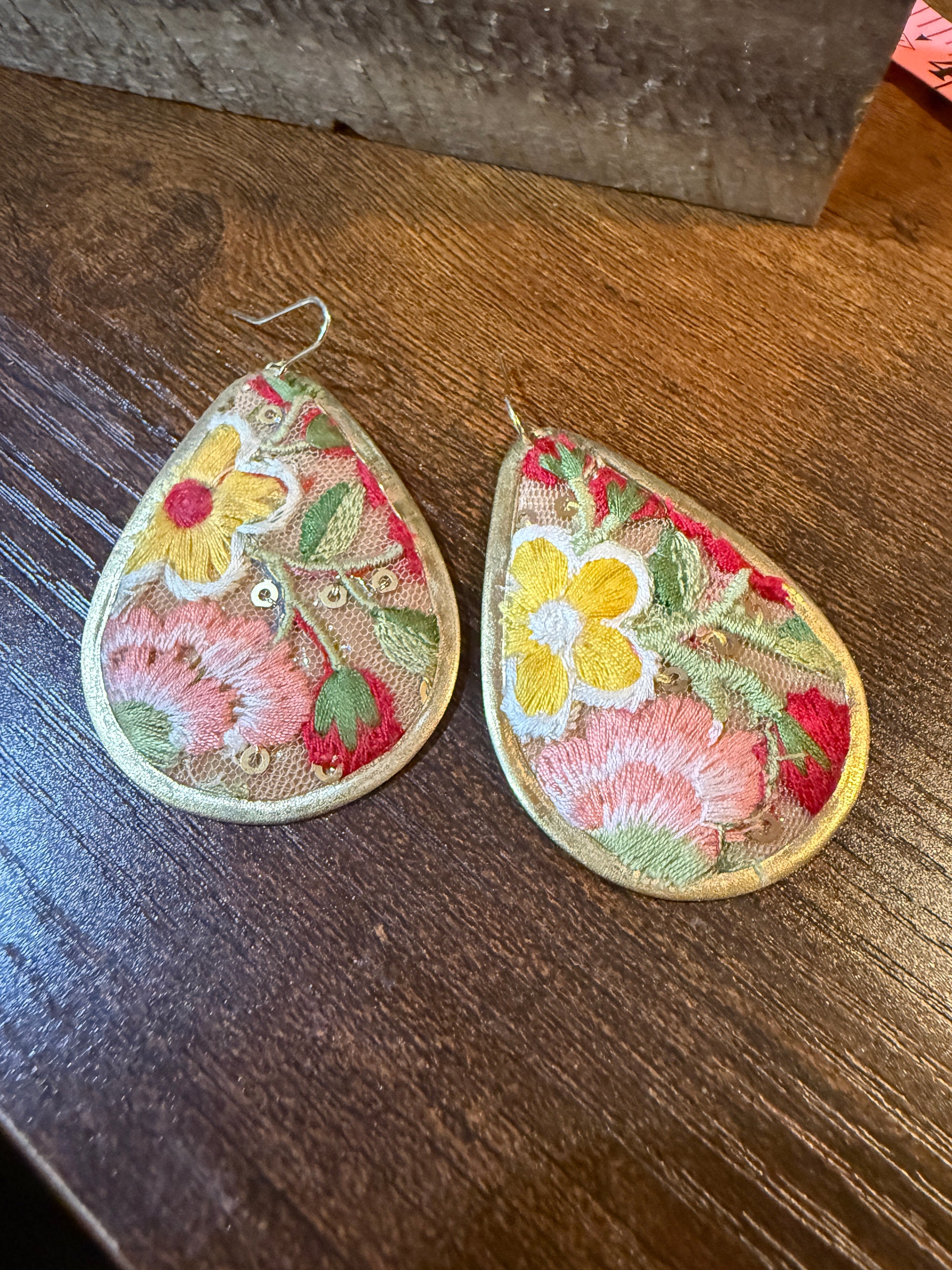 Yellow Bloom Florals Embroidered Wire Earrings With Gold Tone Teardrop Wild West Boho