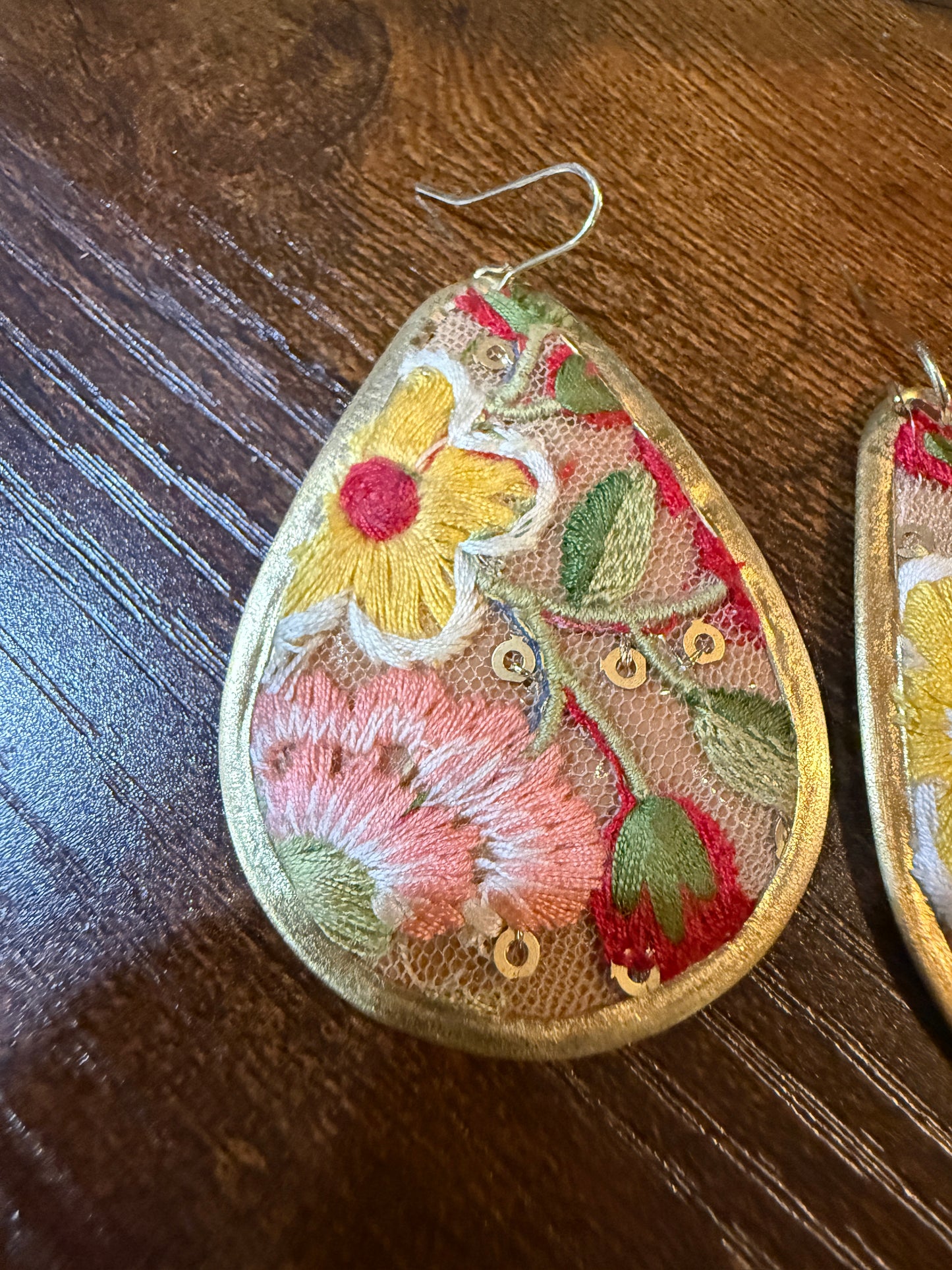 Yellow Bloom Florals Embroidered Wire Earrings With Gold Tone Teardrop Wild West Boho