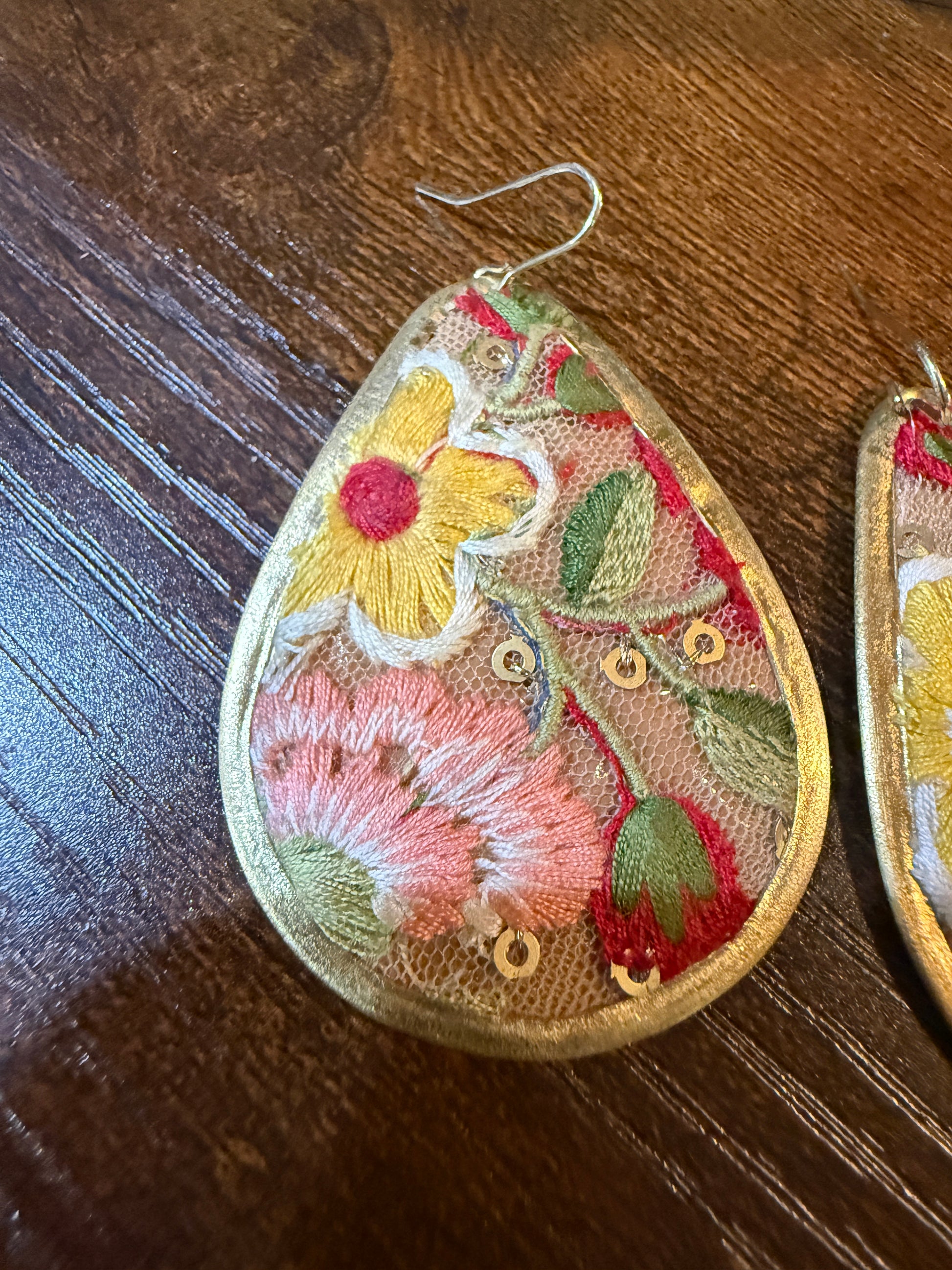 Yellow Bloom Florals Embroidered Wire Earrings With Gold Tone Teardrop Wild West Boho
