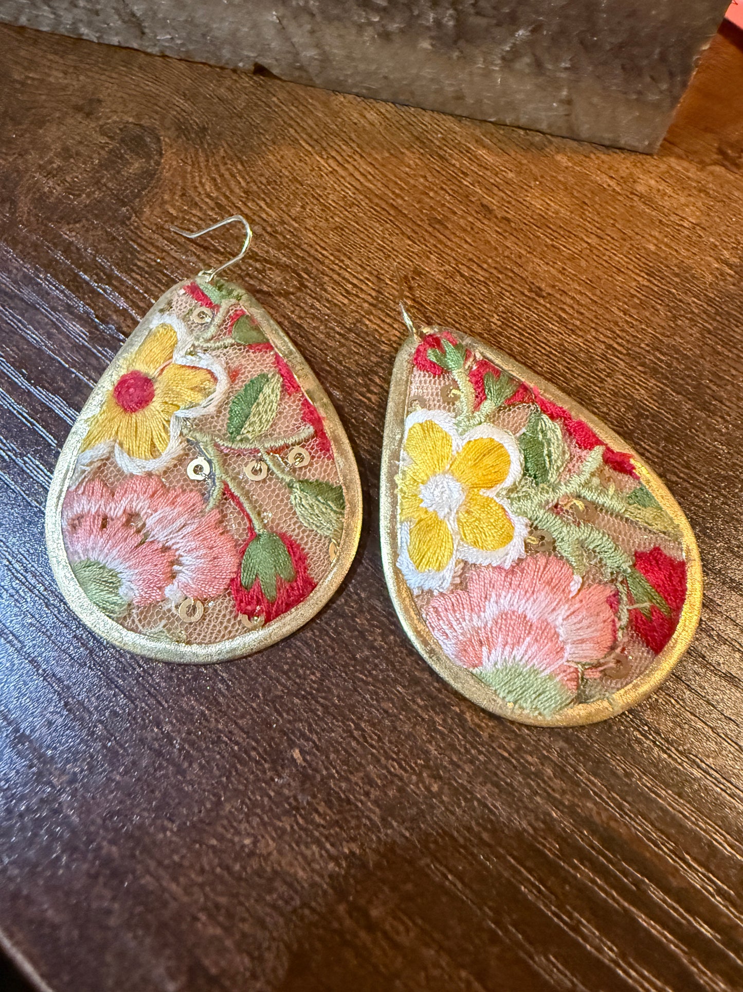 Yellow Bloom Florals Embroidered Wire Earrings With Gold Tone Teardrop Wild West Boho