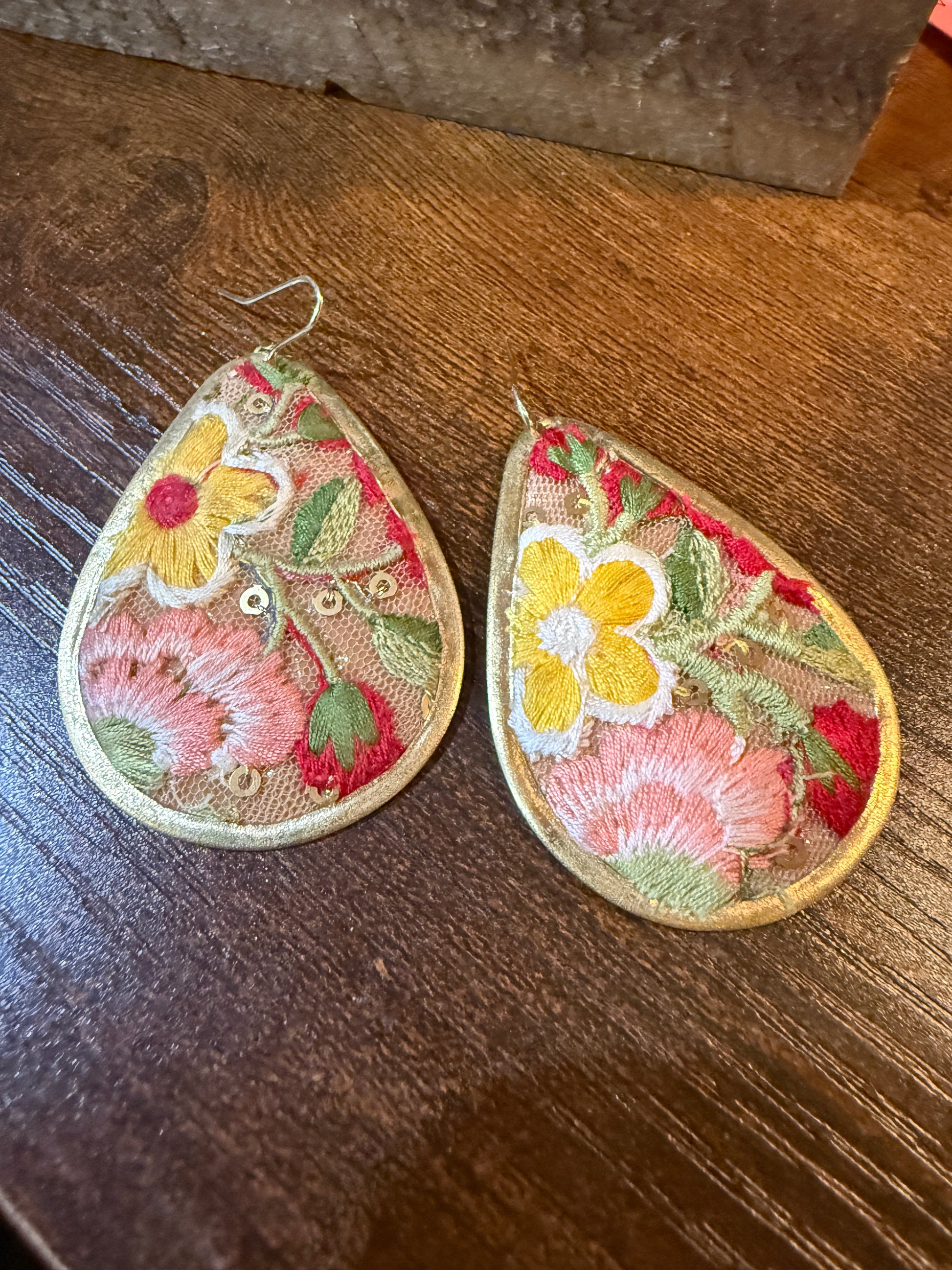 Yellow Bloom Florals Embroidered Wire Earrings With Gold Tone Teardrop Wild West Boho