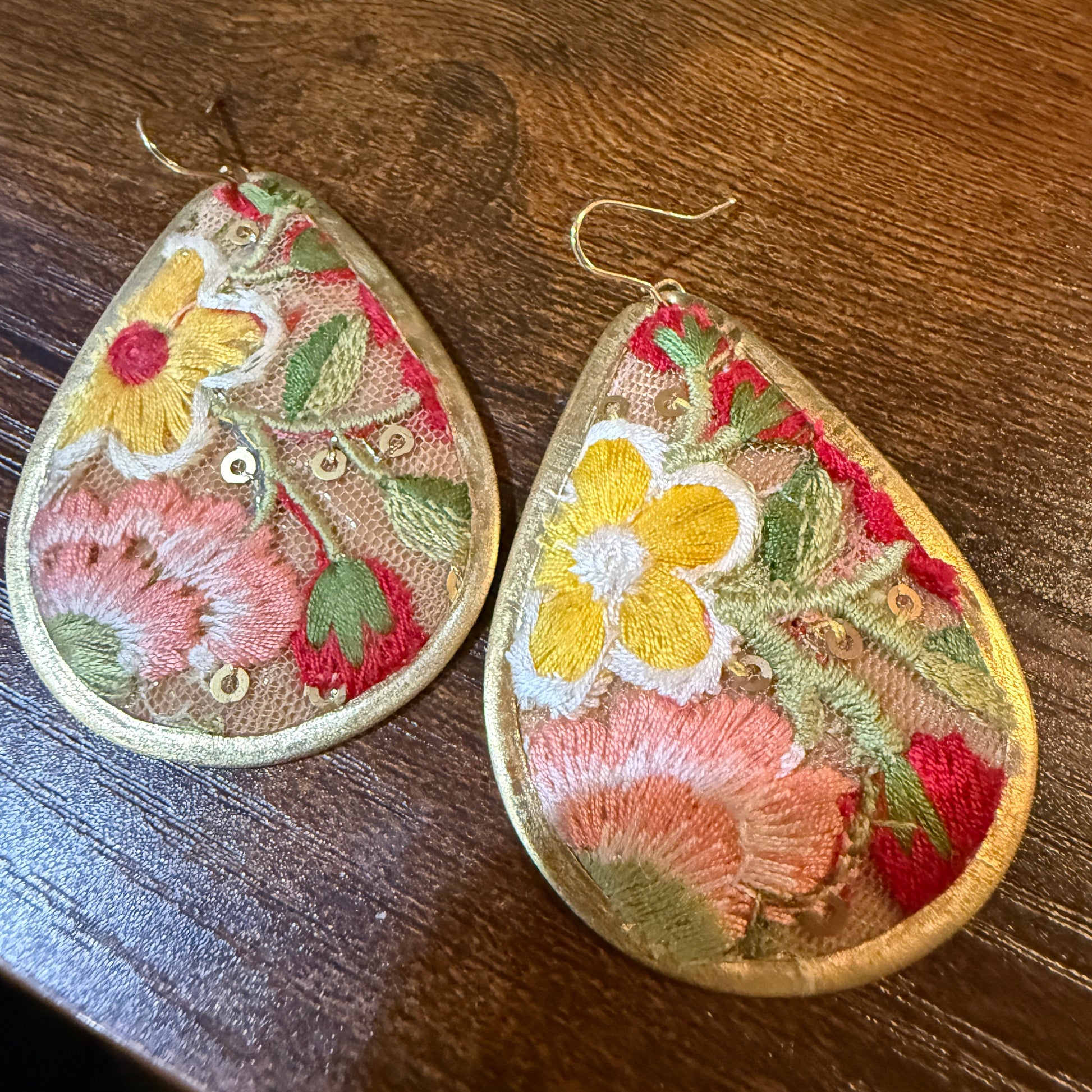 Yellow Bloom Florals Embroidered Wire Earrings With Gold Tone Teardrop Wild West Boho