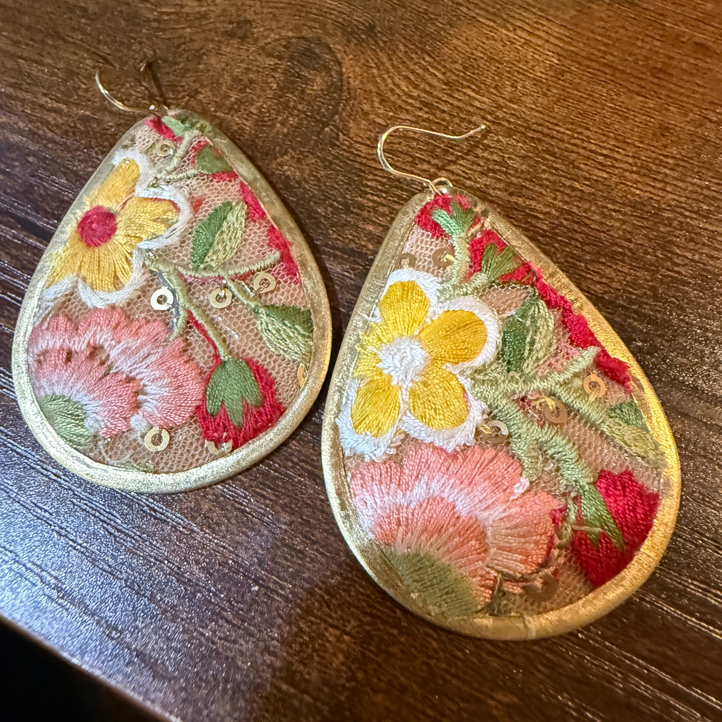 Yellow Bloom Florals Embroidered Wire Earrings With Gold Tone Teardrop Wild West Boho
