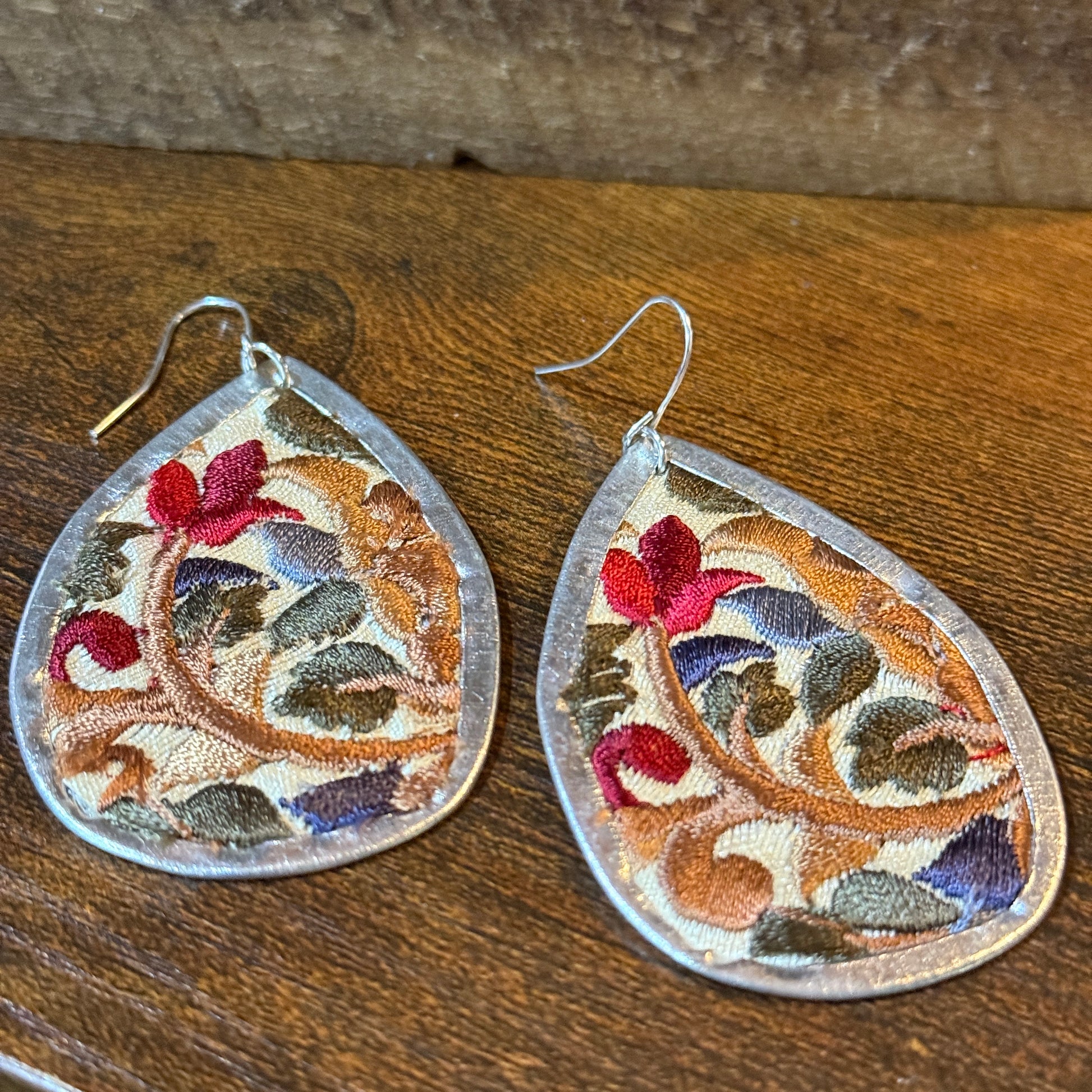 Handmade Red Floral Embroidered Teardrop Earrings With Silver Wire Wild West Boho