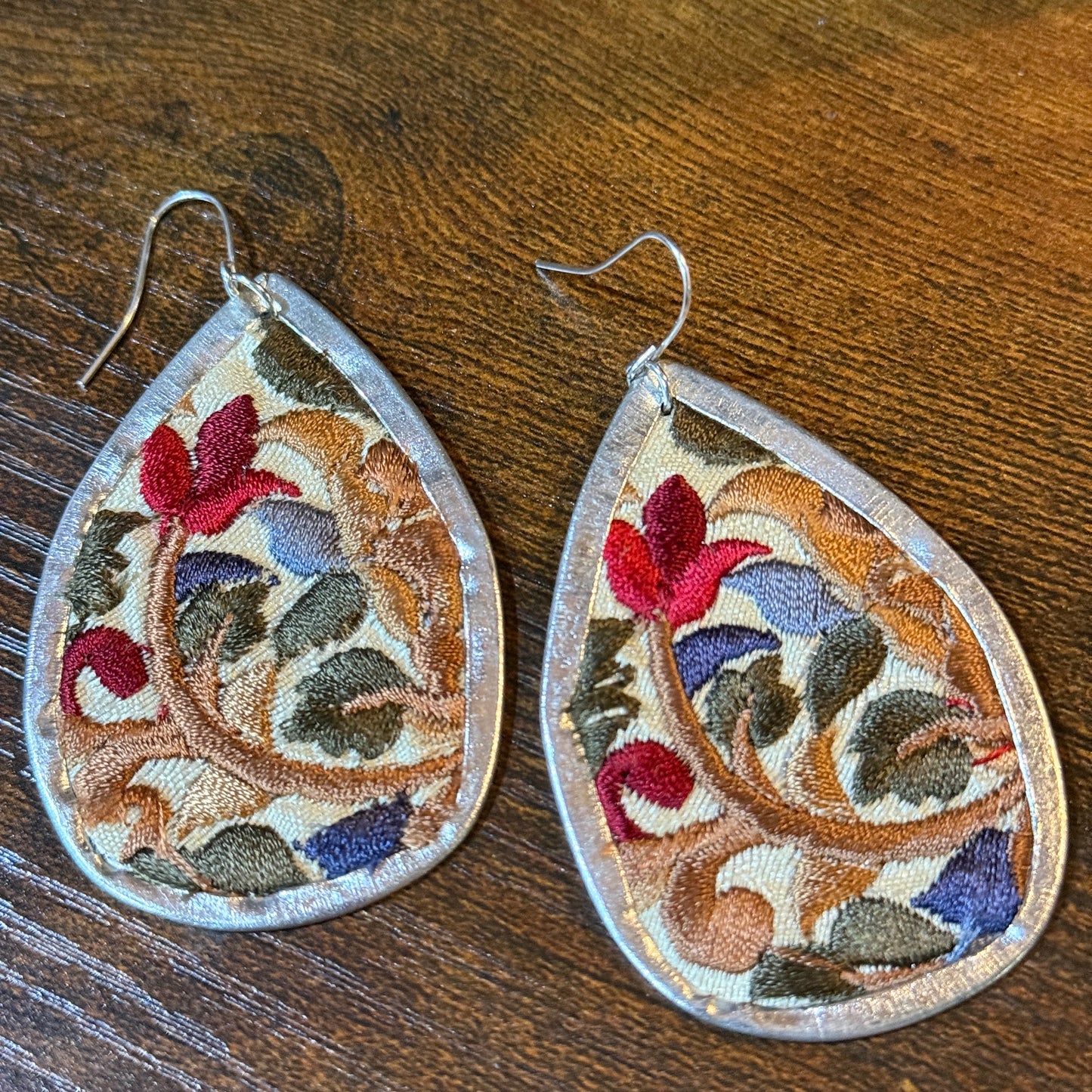 Handmade Red Floral Embroidered Teardrop Earrings With Silver Wire Wild West Boho