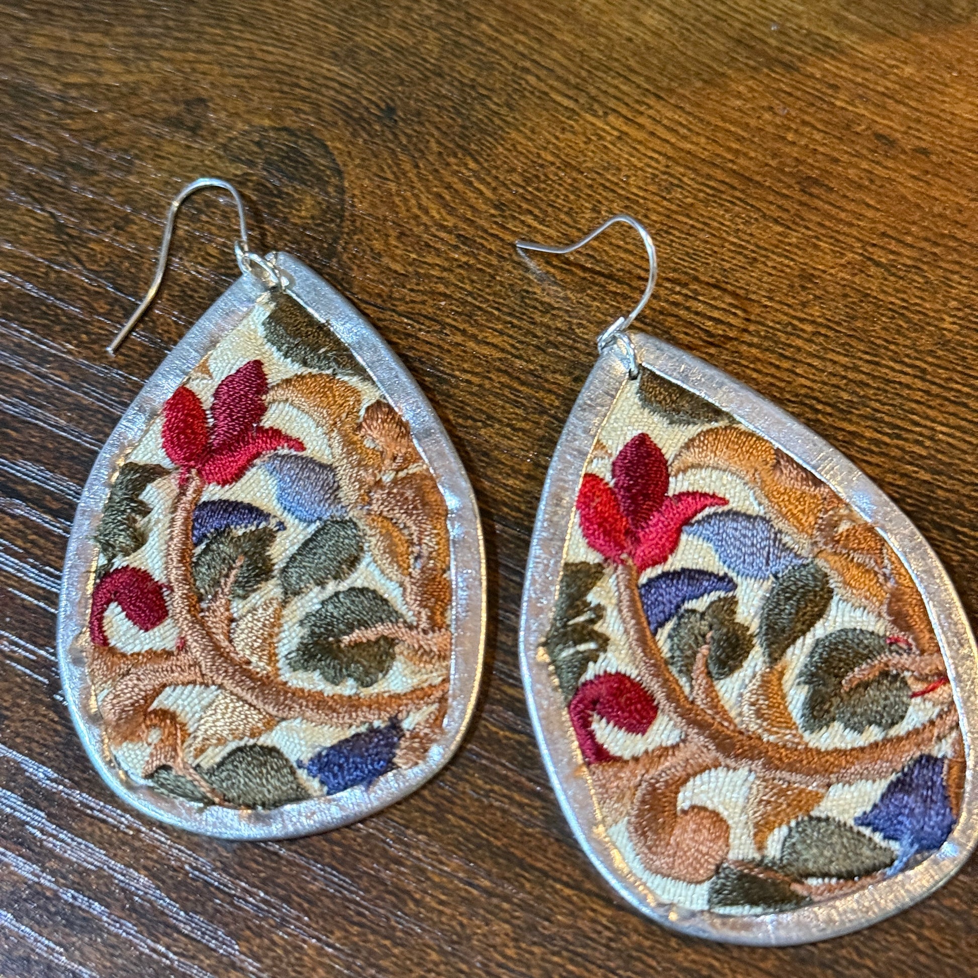 Handmade Red Floral Embroidered Teardrop Earrings With Silver Wire Wild West Boho