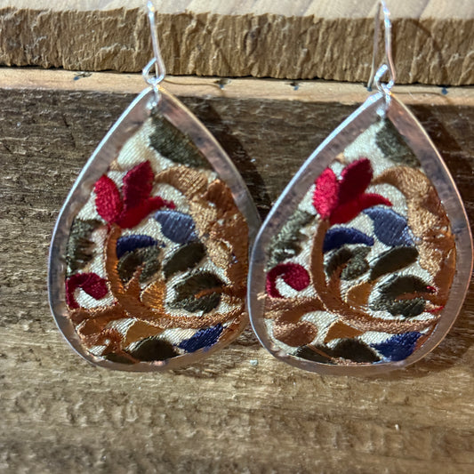 Handmade Red Floral Embroidered Teardrop Earrings With Silver Wire Wild West Boho