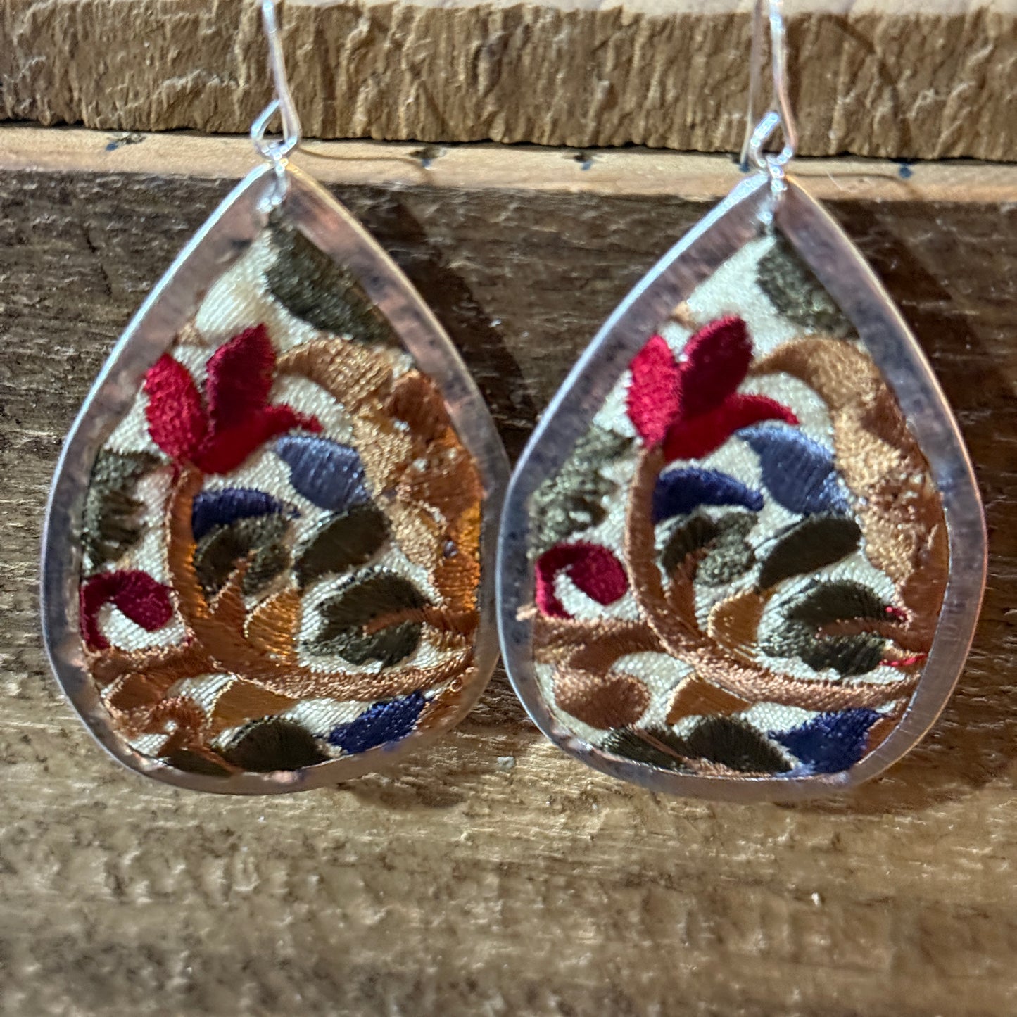 Handmade Red Floral Embroidered Teardrop Earrings With Silver Wire Wild West Boho