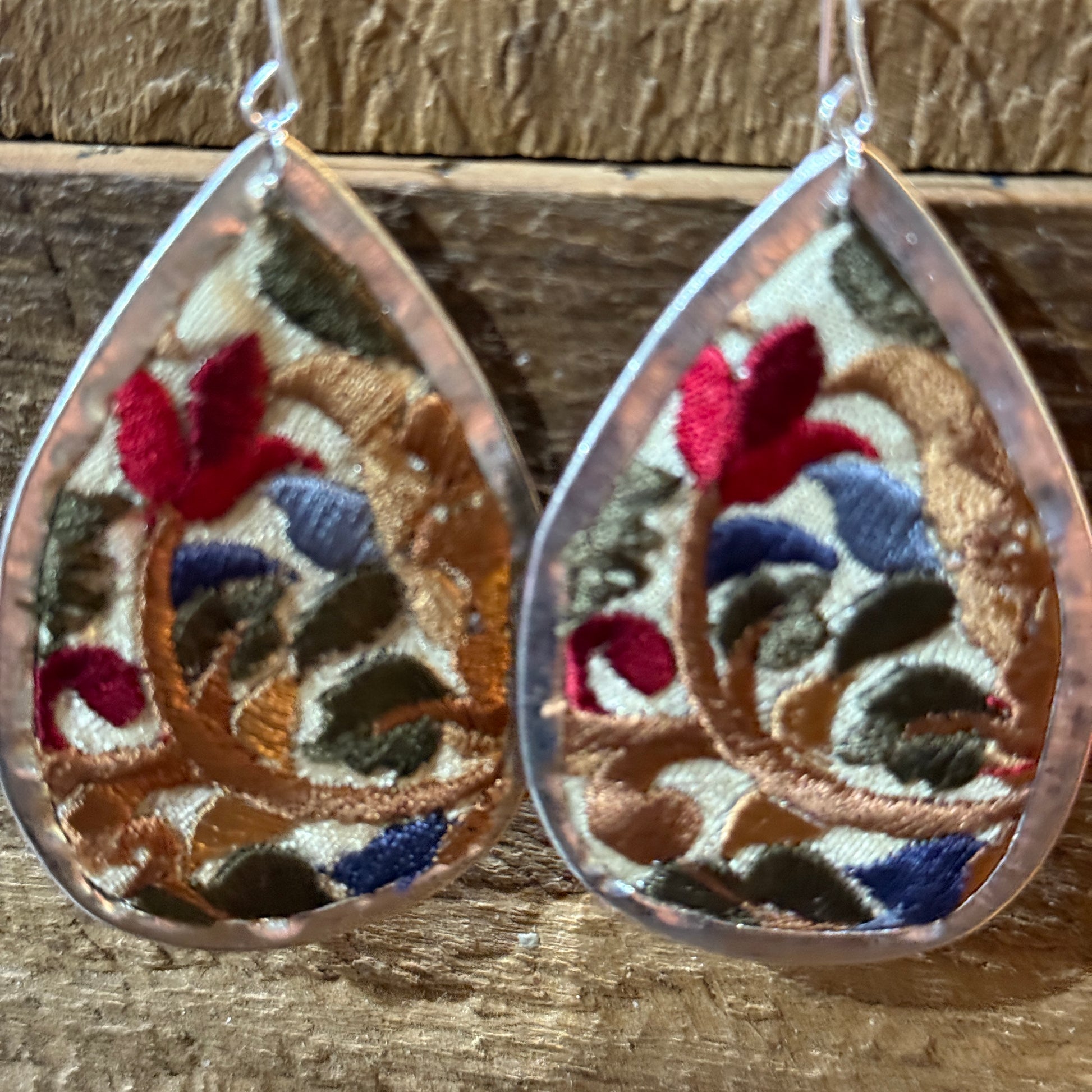 Handmade Red Floral Embroidered Teardrop Earrings With Silver Wire Wild West Boho