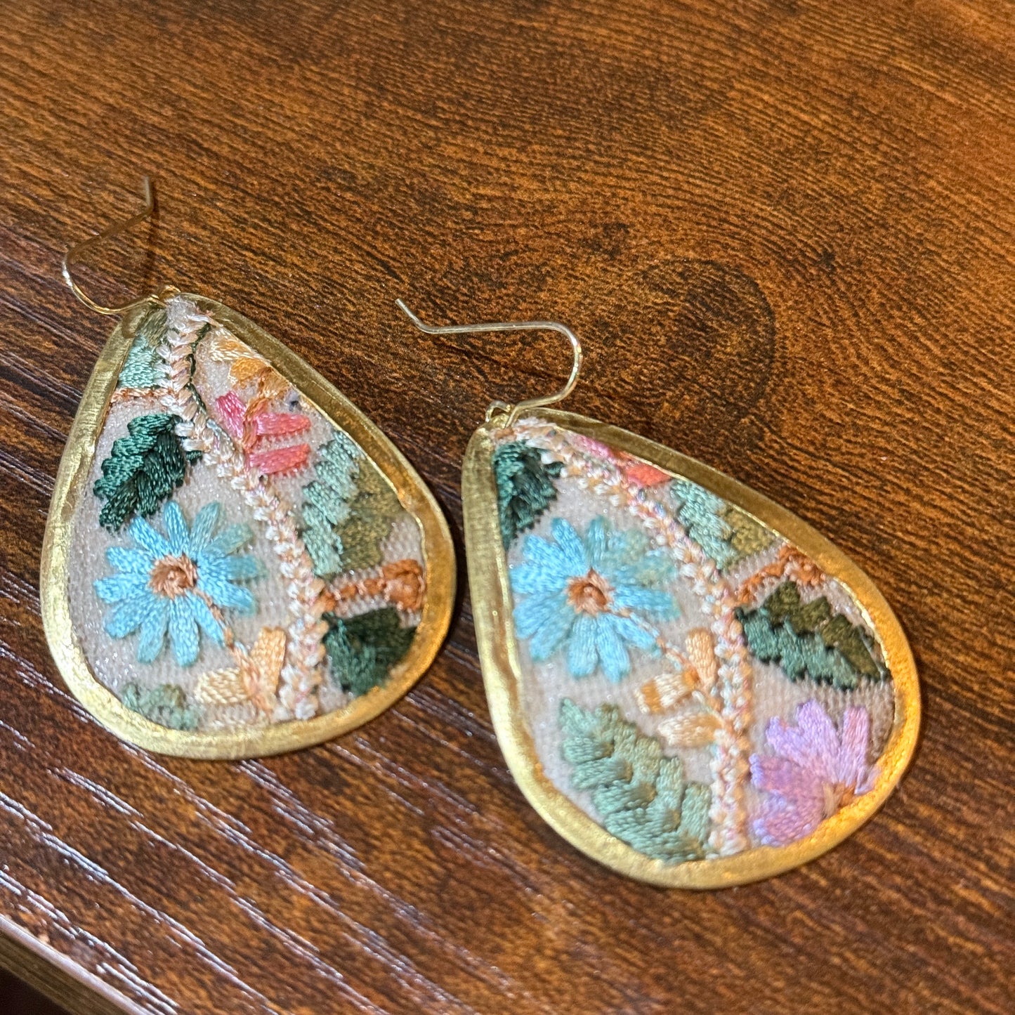 Pastel Florals Vintage Embroidery Teardrop Earrings Gold Tone Wild West Boho