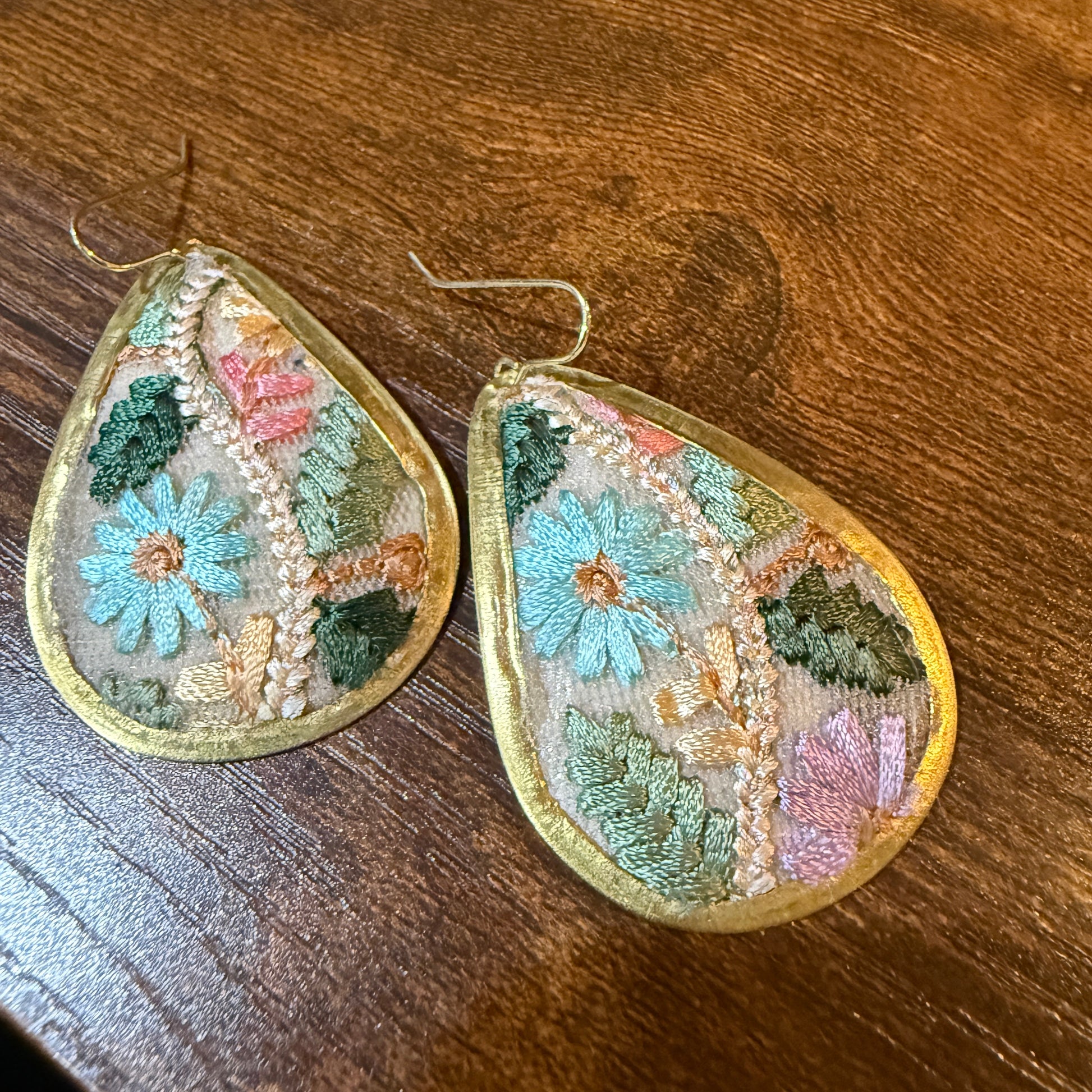 Pastel Florals Vintage Embroidery Teardrop Earrings Gold Tone Wild West Boho