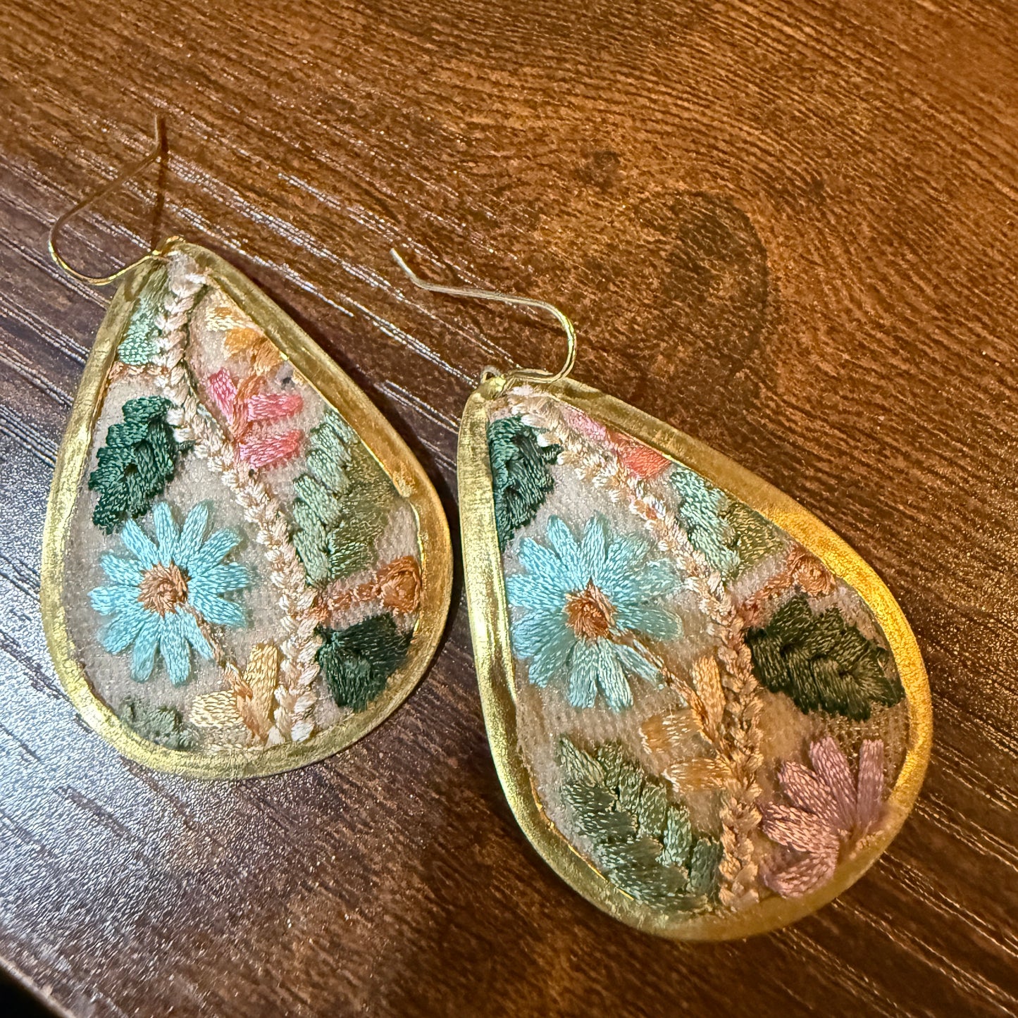 Pastel Florals Vintage Embroidery Teardrop Earrings Gold Tone Wild West Boho