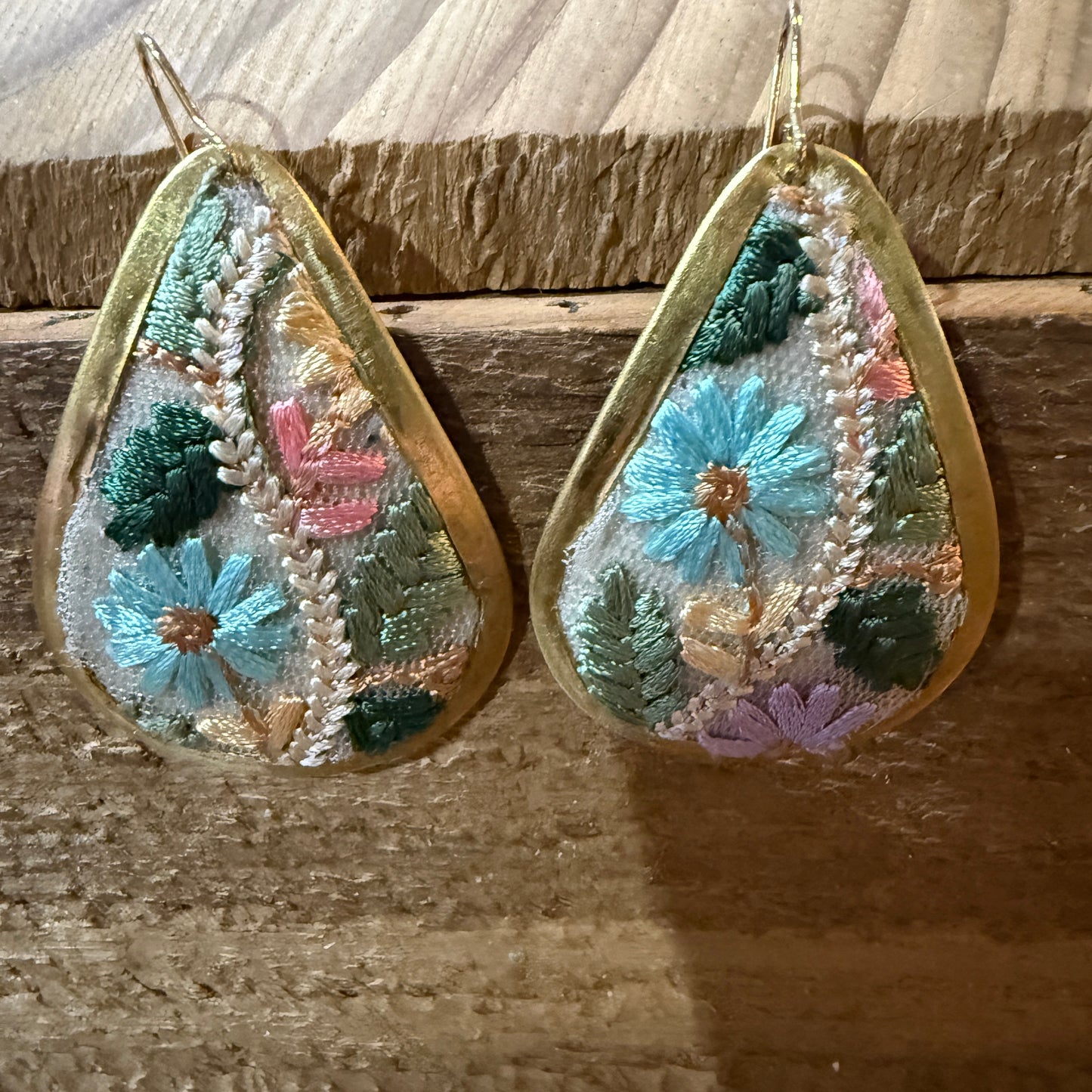 Pastel Florals Vintage Embroidery Teardrop Earrings Gold Tone Wild West Boho
