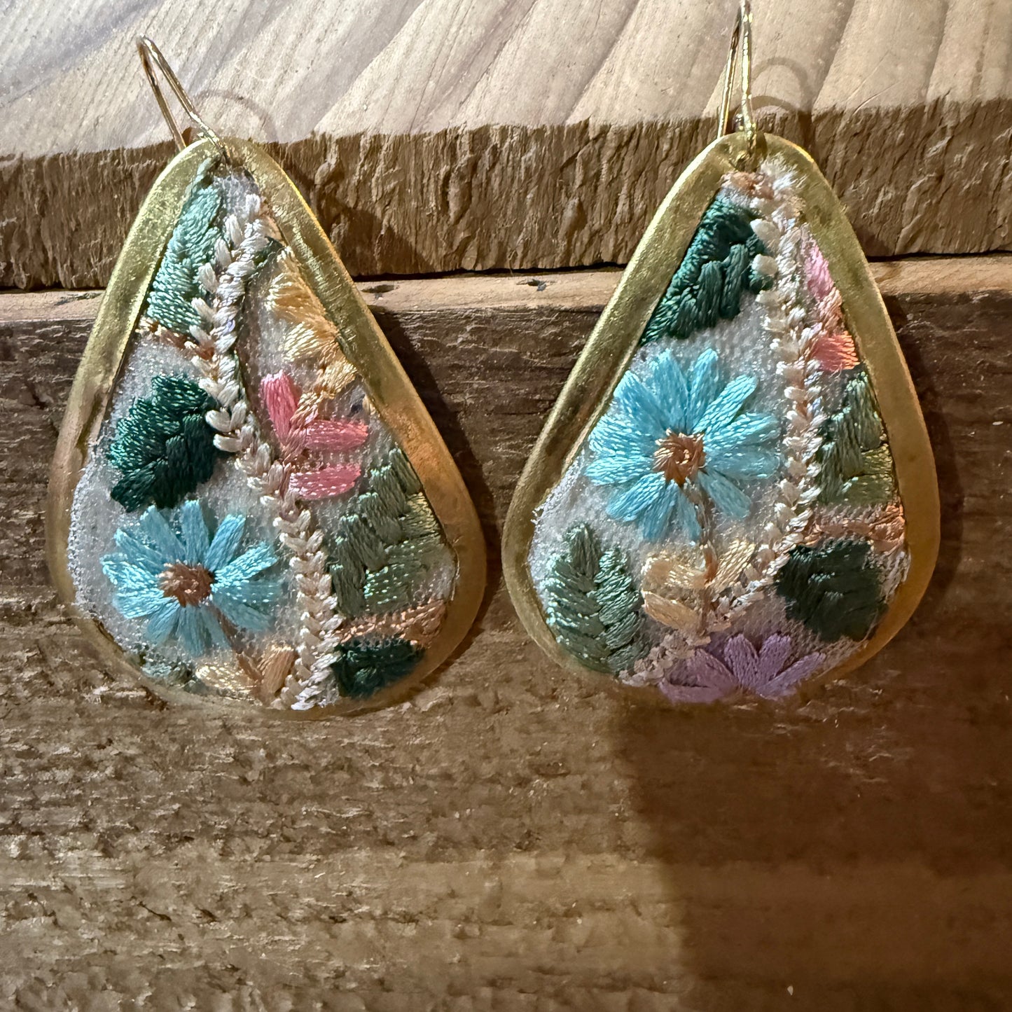 Pastel Florals Vintage Embroidery Teardrop Earrings Gold Tone Wild West Boho
