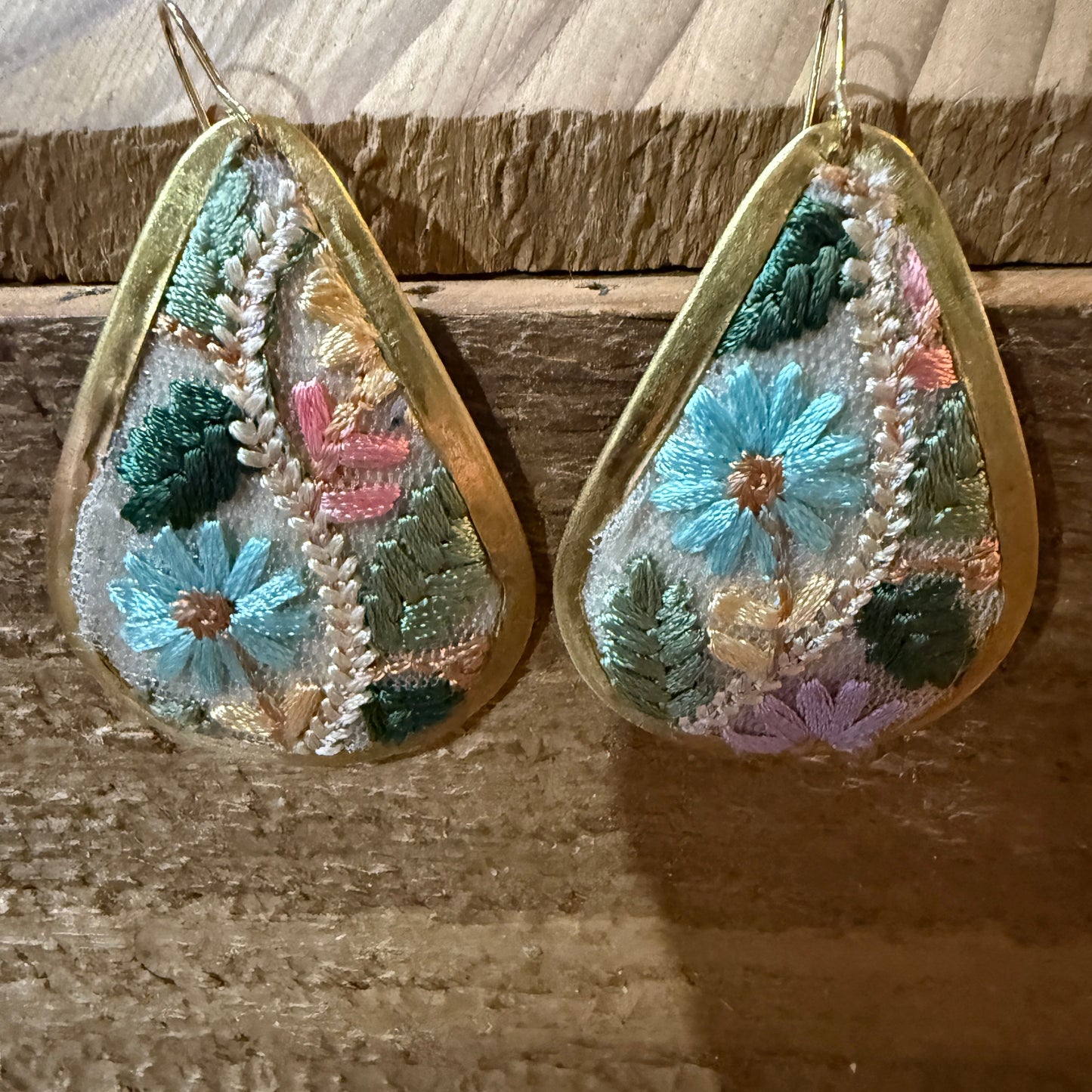 Pastel Florals Vintage Embroidery Teardrop Earrings Gold Tone Wild West Boho