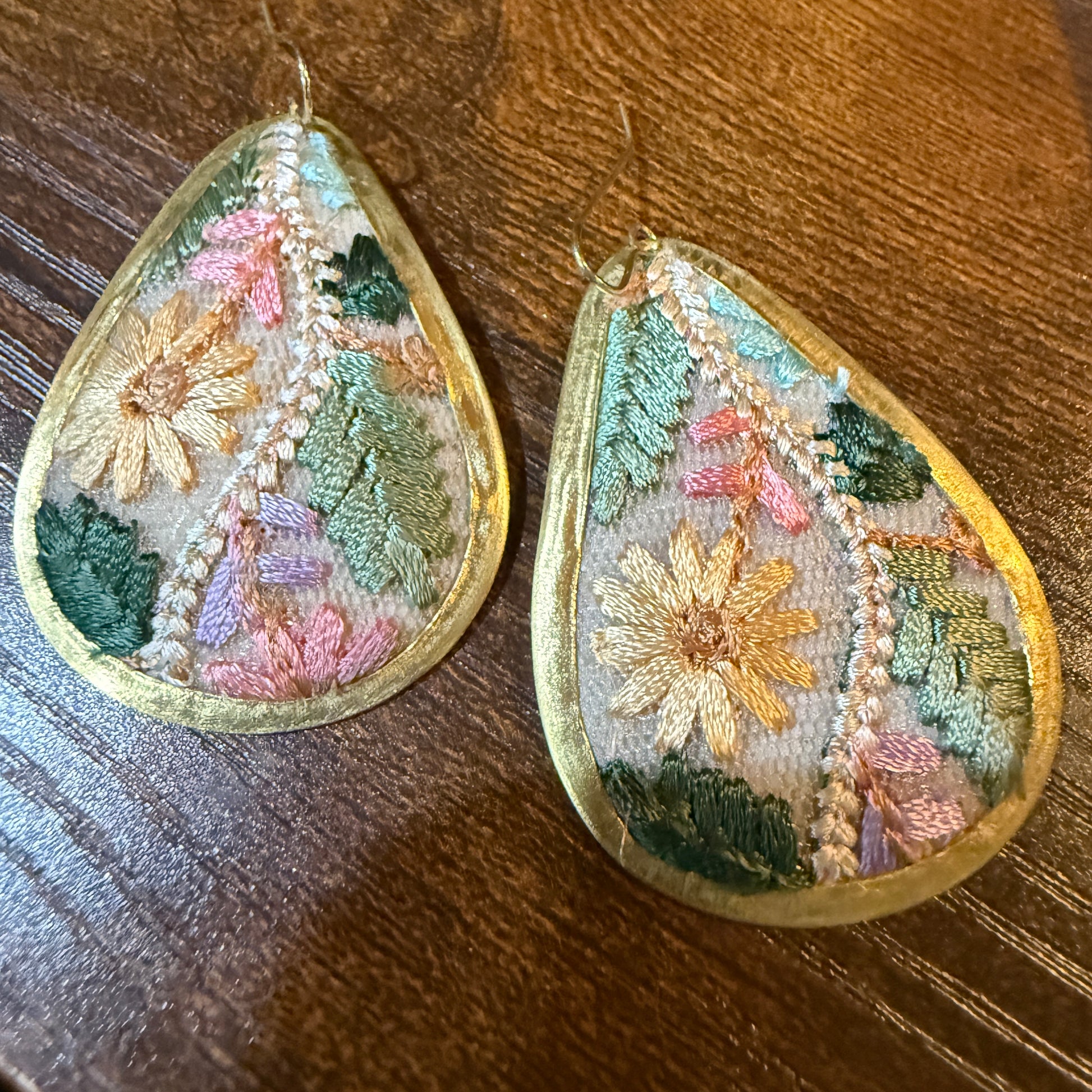 Pastel Floral Vintage Embroidered Teardrop Earrings In Gold Tone Wild West Boho