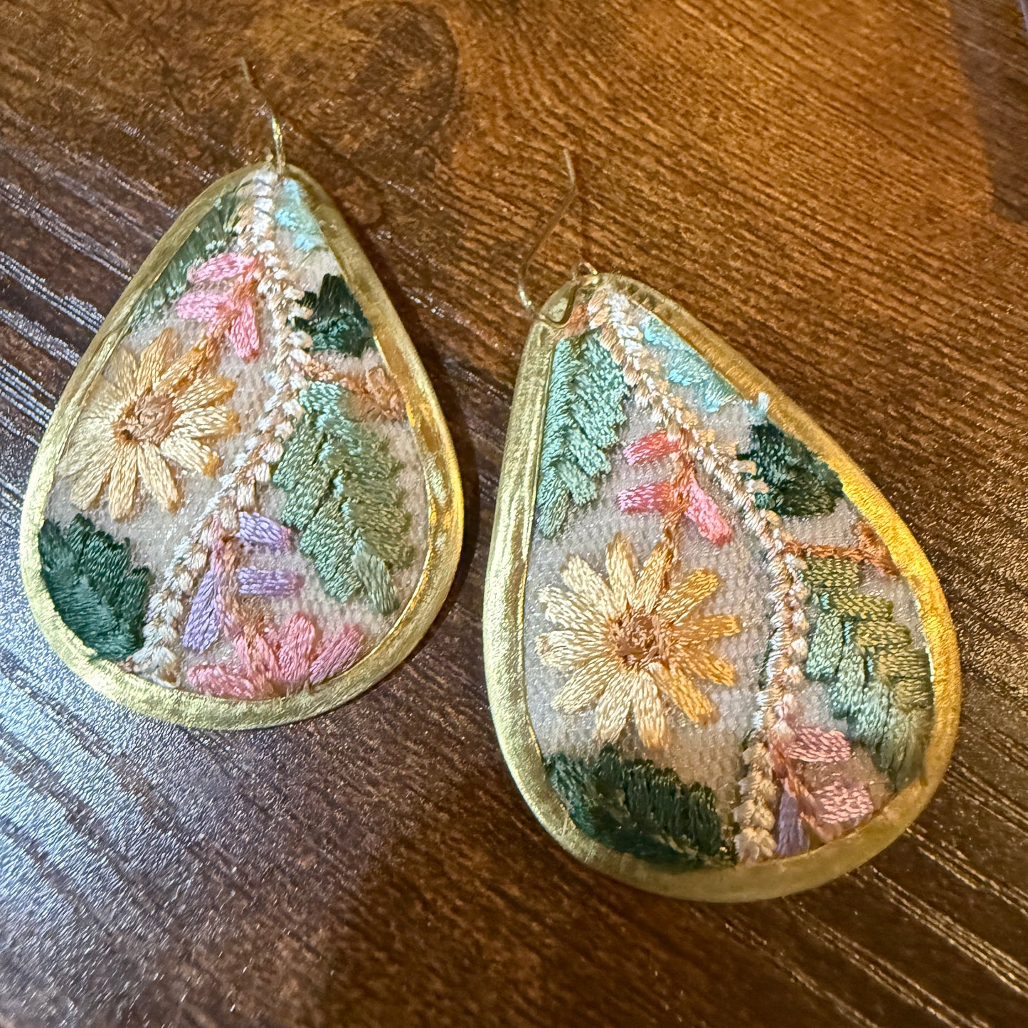 Pastel Floral Vintage Embroidered Teardrop Earrings In Gold Tone Wild West Boho