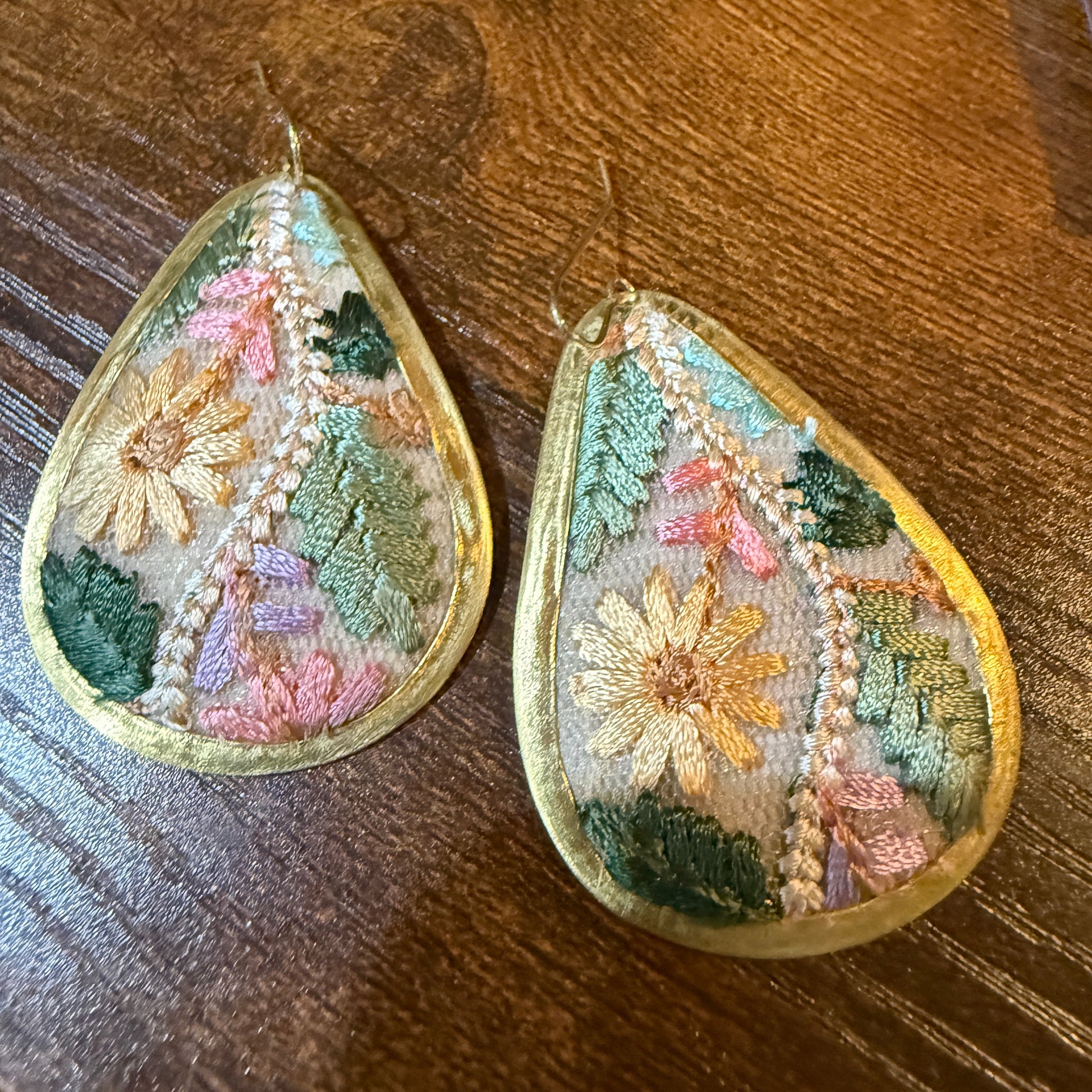 Pastel Floral Vintage Embroidered Teardrop Earrings In Gold Tone Wild West Boho