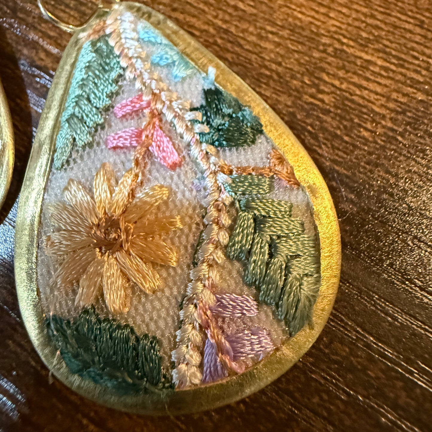 Pastel Floral Vintage Embroidered Teardrop Earrings In Gold Tone Wild West Boho