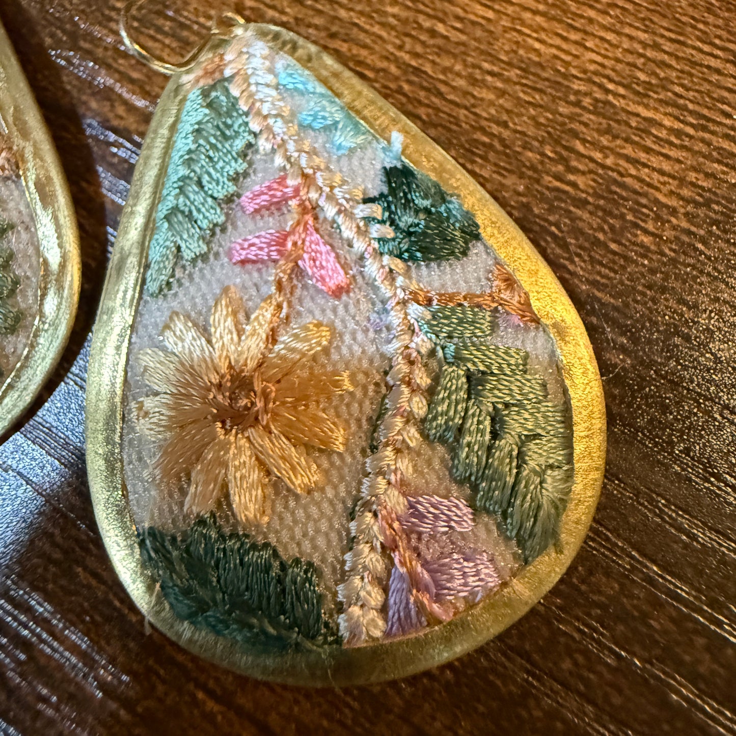 Pastel Floral Vintage Embroidered Teardrop Earrings In Gold Tone Wild West Boho