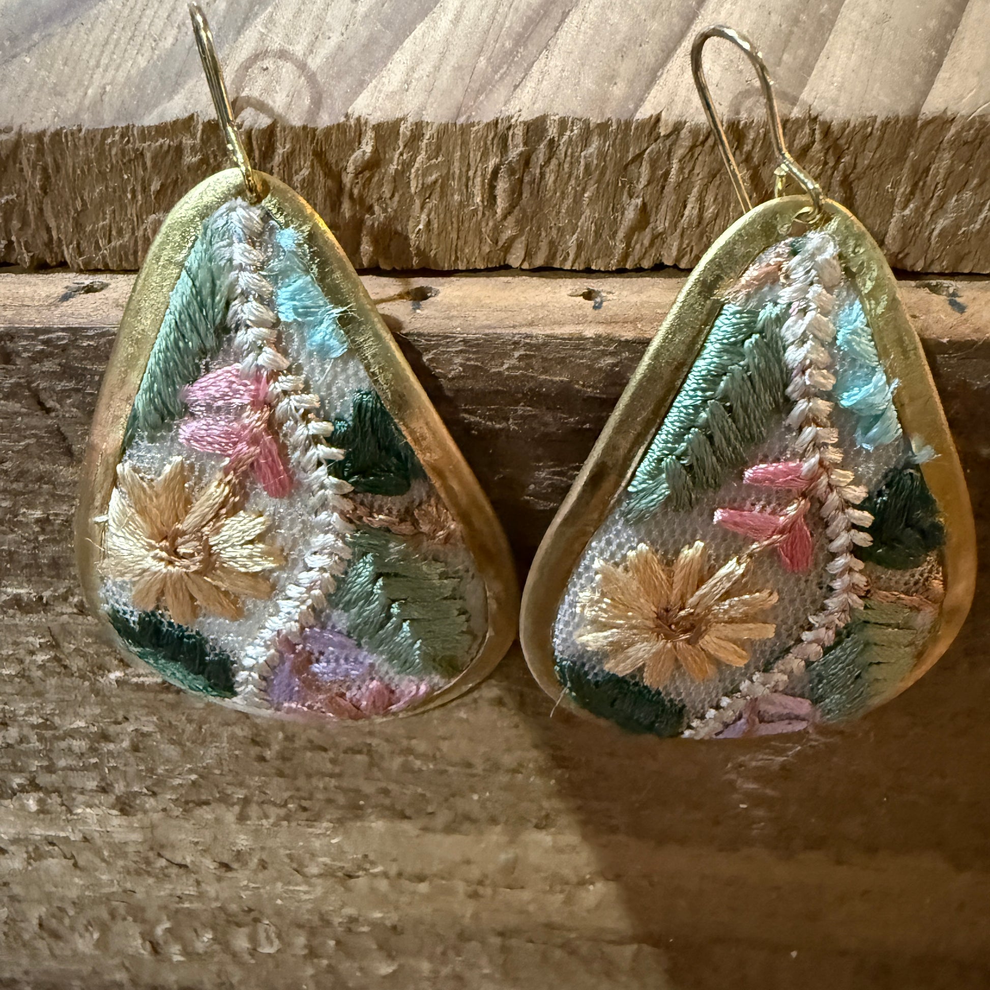 Pastel Floral Vintage Embroidered Teardrop Earrings In Gold Tone Wild West Boho