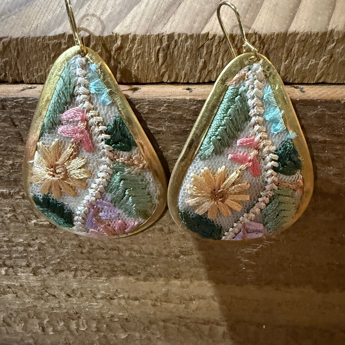 Pastel Floral Vintage Embroidered Teardrop Earrings In Gold Tone Wild West Boho