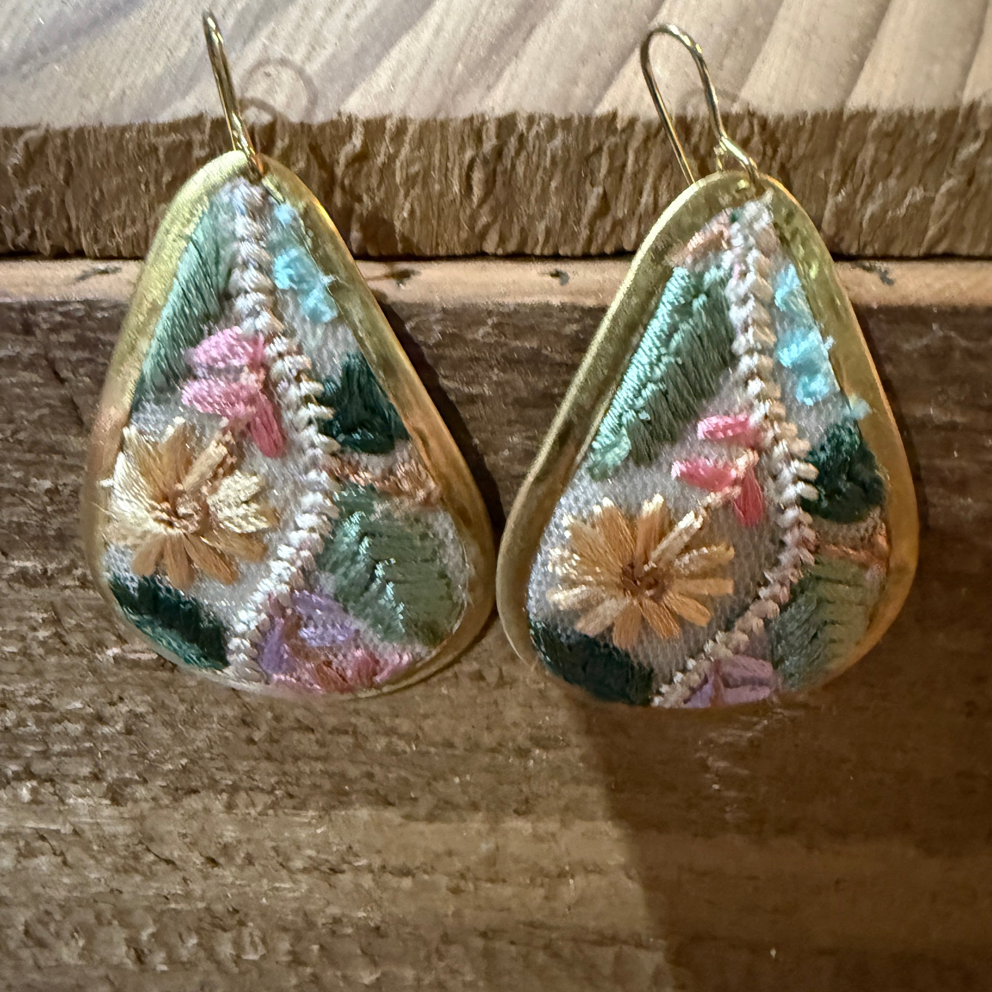 Pastel Floral Vintage Embroidered Teardrop Earrings In Gold Tone Wild West Boho