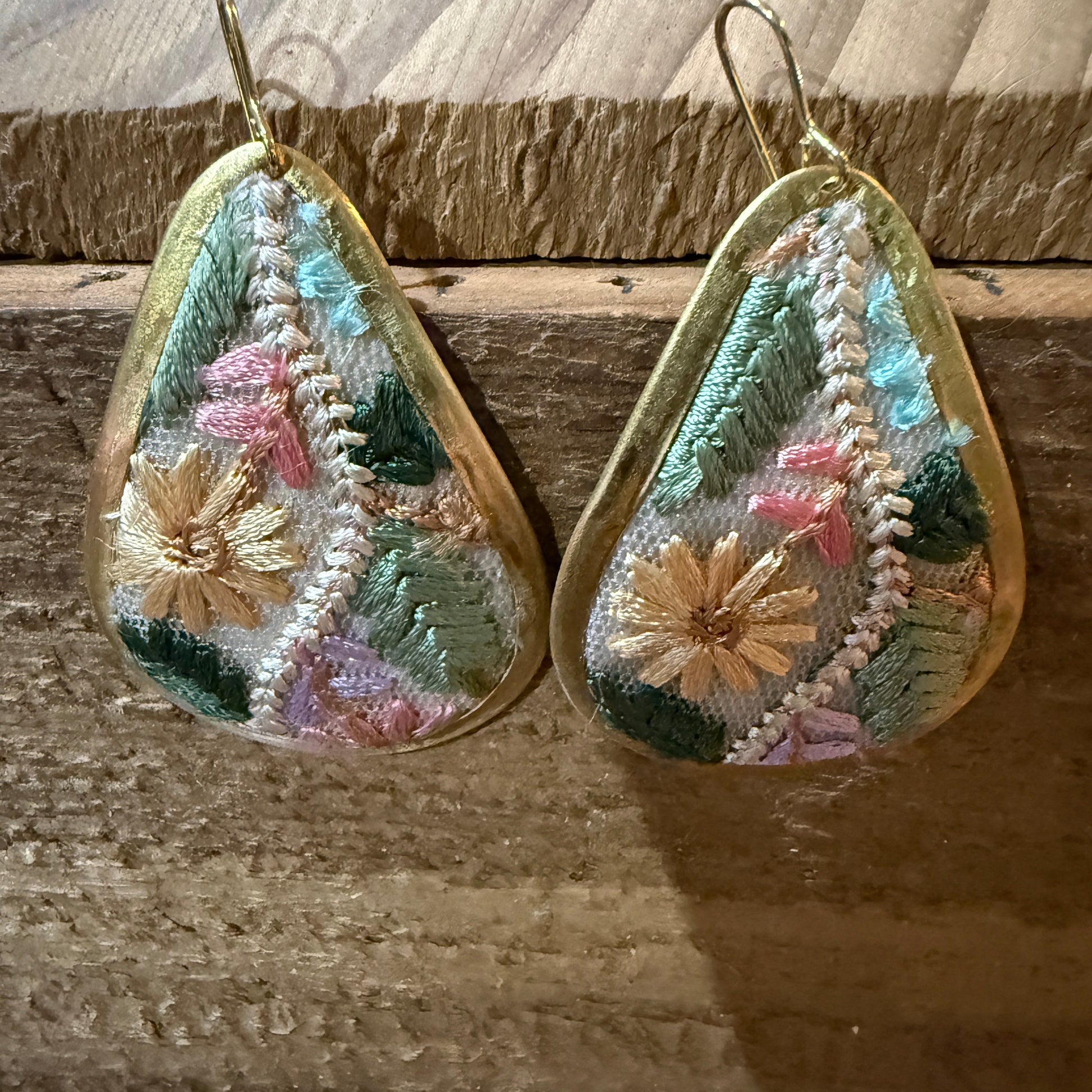 Pastel Floral Vintage Embroidered Teardrop Earrings In Gold Tone Wild West Boho