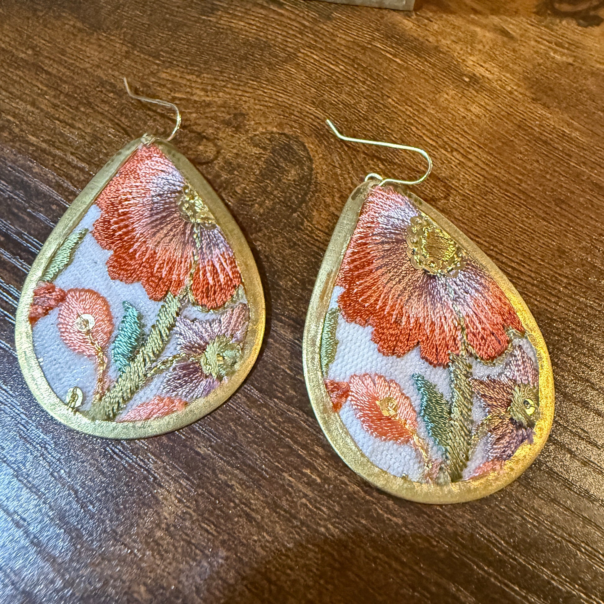Spring in Bloom Embroidered Teardrop Earrings With Floral Gold Frame Wild West Boho
