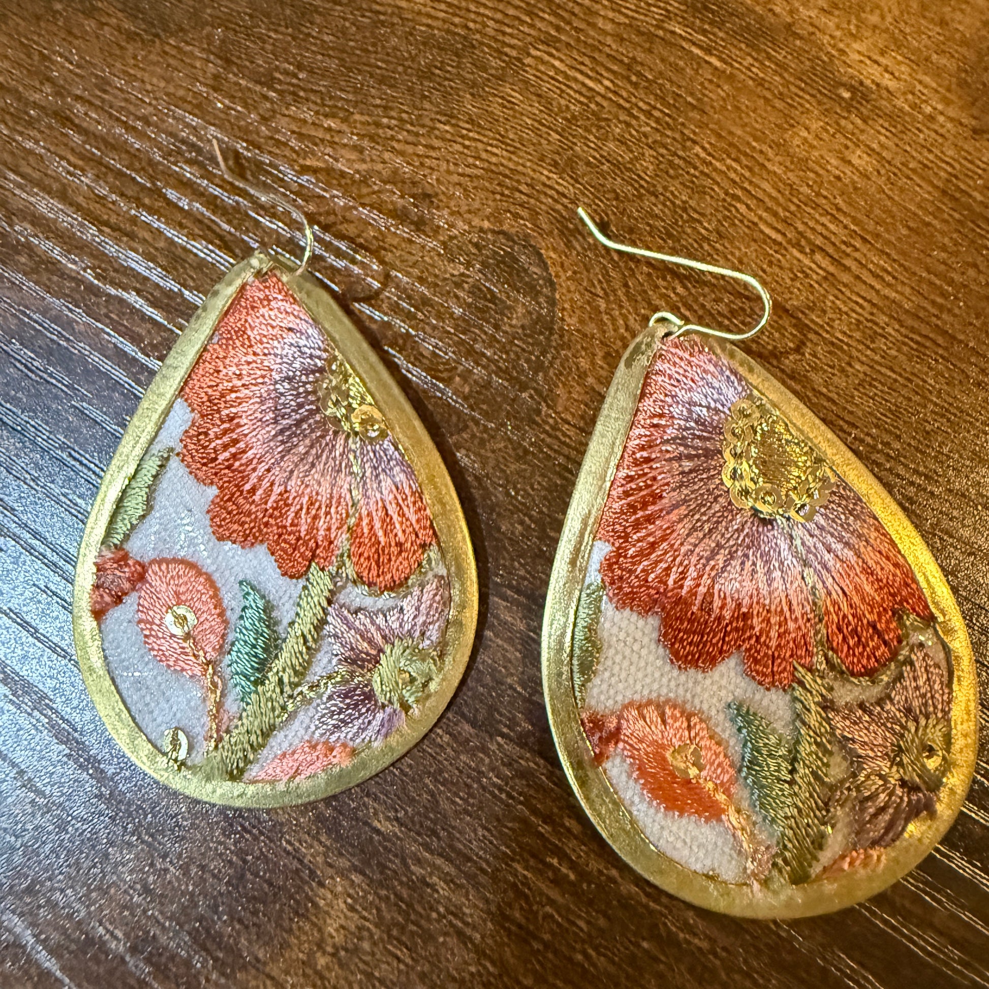 Spring in Bloom Embroidered Teardrop Earrings With Floral Gold Frame Wild West Boho