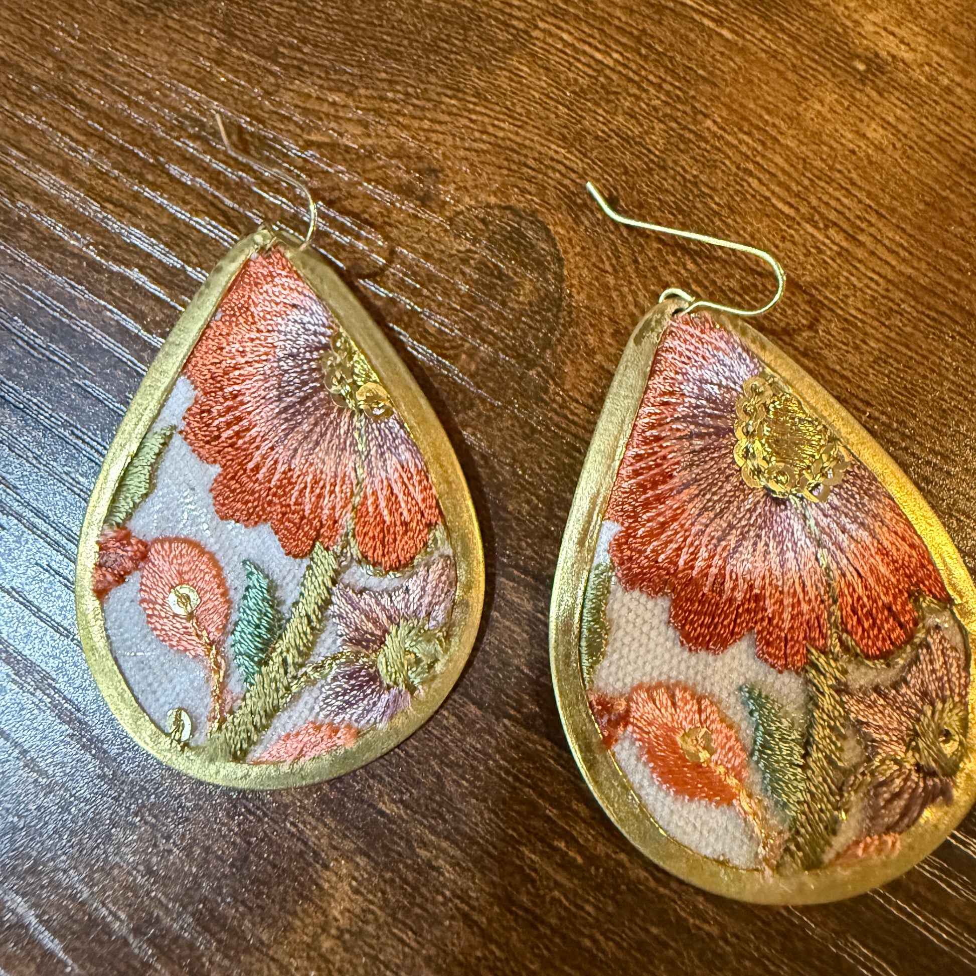 Spring in Bloom Embroidered Teardrop Earrings With Floral Gold Frame Wild West Boho