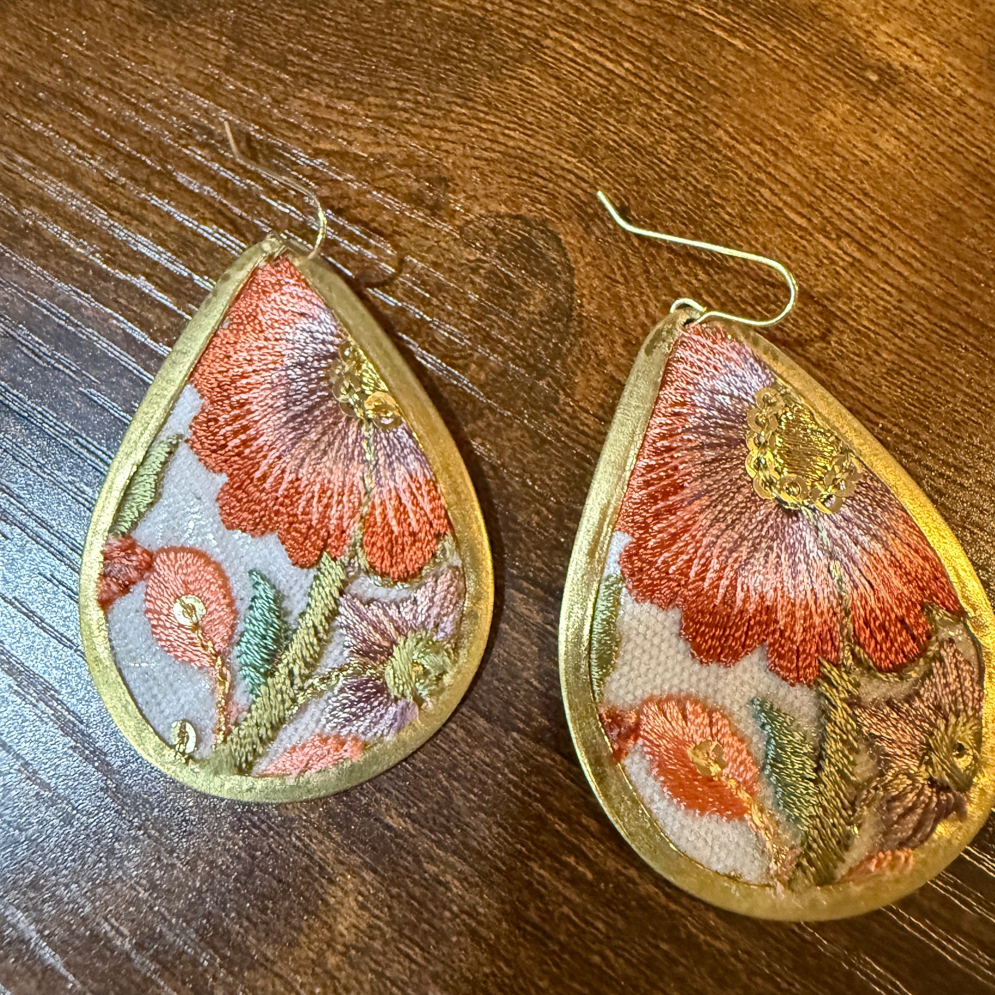 Spring in Bloom Embroidered Teardrop Earrings With Floral Gold Frame Wild West Boho