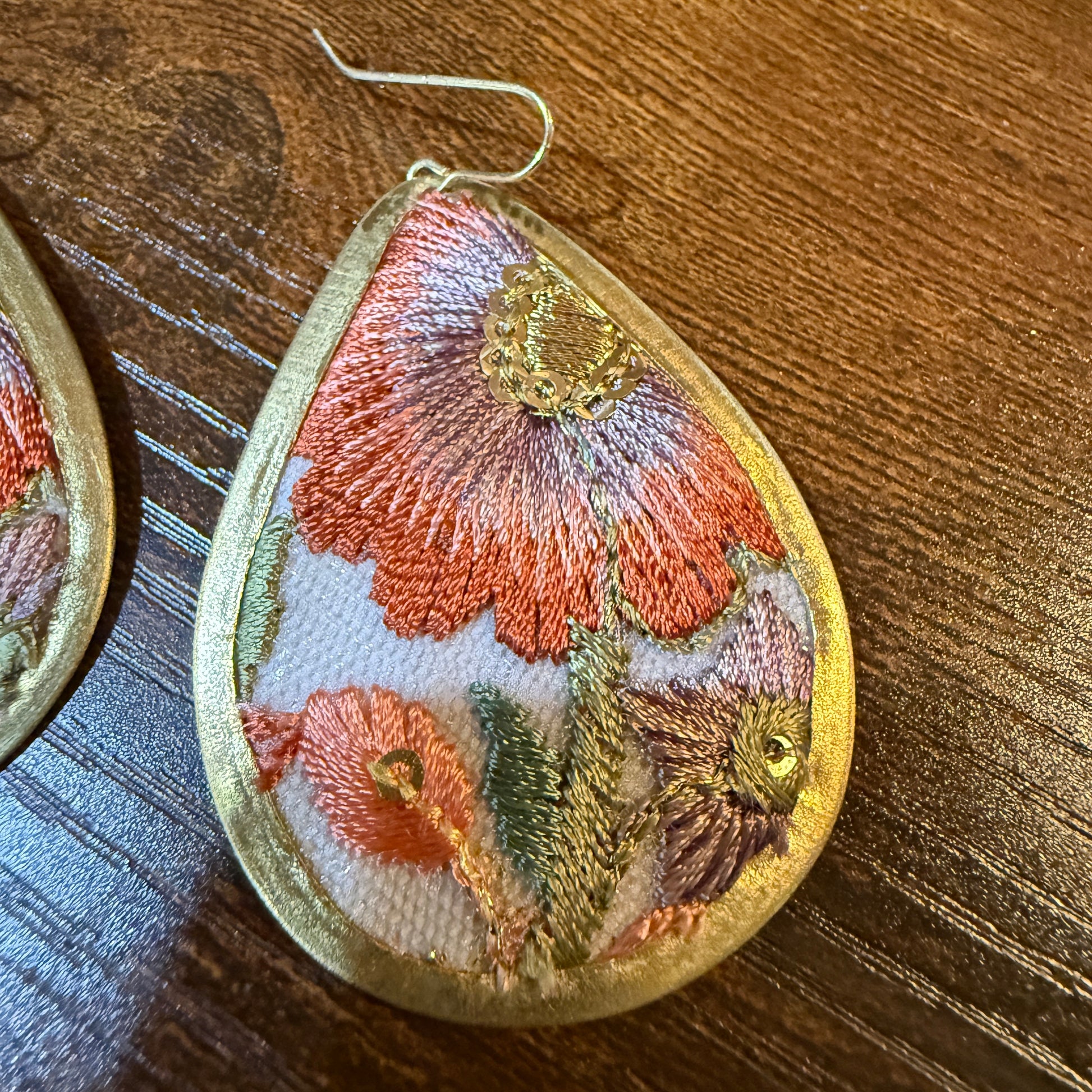 Spring in Bloom Embroidered Teardrop Earrings With Floral Gold Frame Wild West Boho