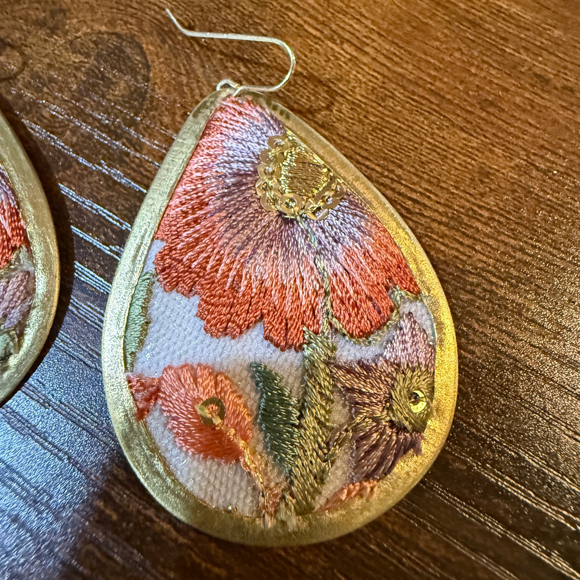 Spring in Bloom Embroidered Teardrop Earrings With Floral Gold Frame Wild West Boho