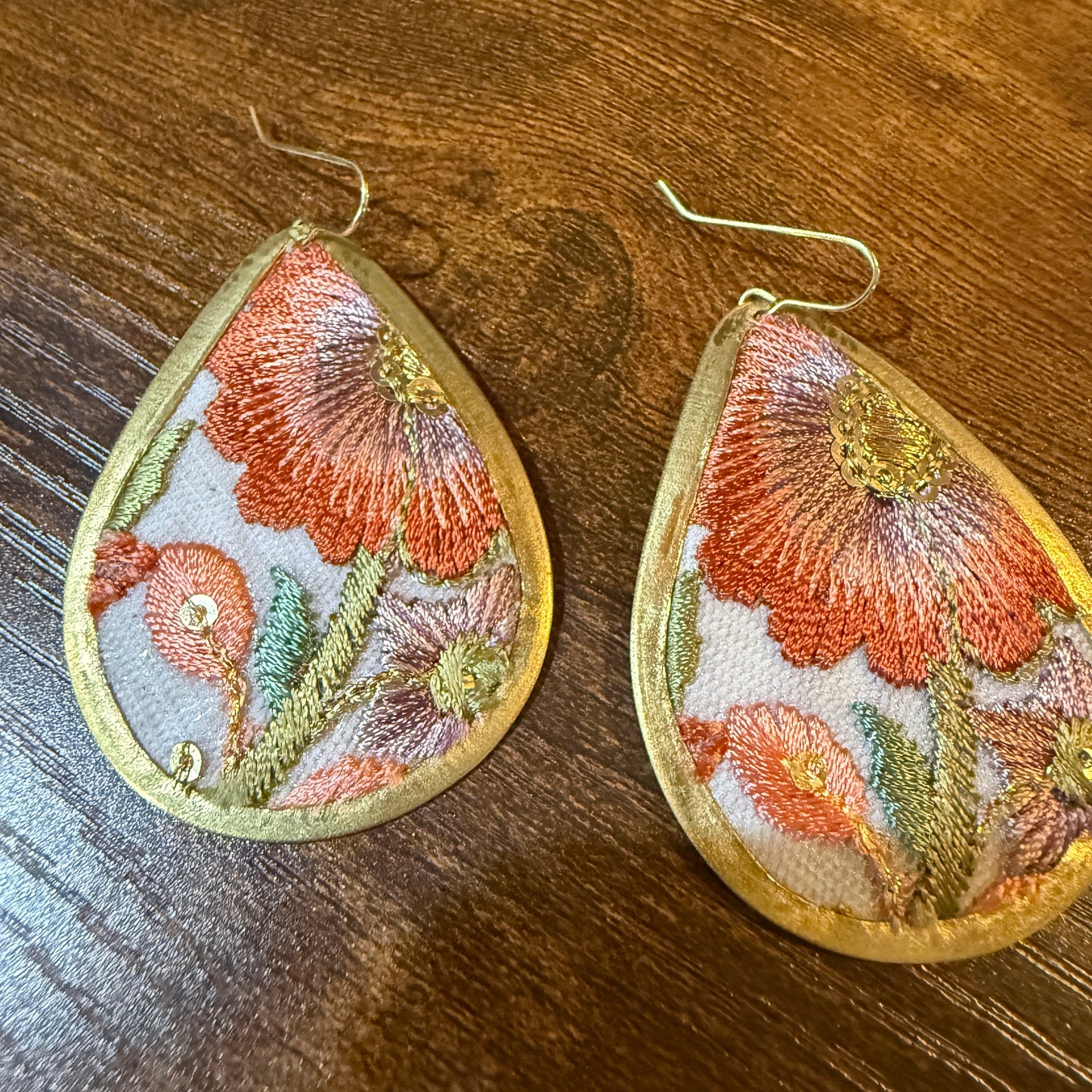 Spring in Bloom Embroidered Teardrop Earrings With Floral Gold Frame Wild West Boho