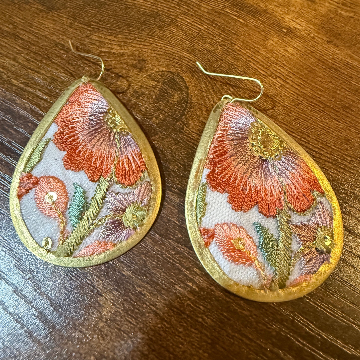 Spring in Bloom Embroidered Teardrop Earrings With Floral Gold Frame Wild West Boho