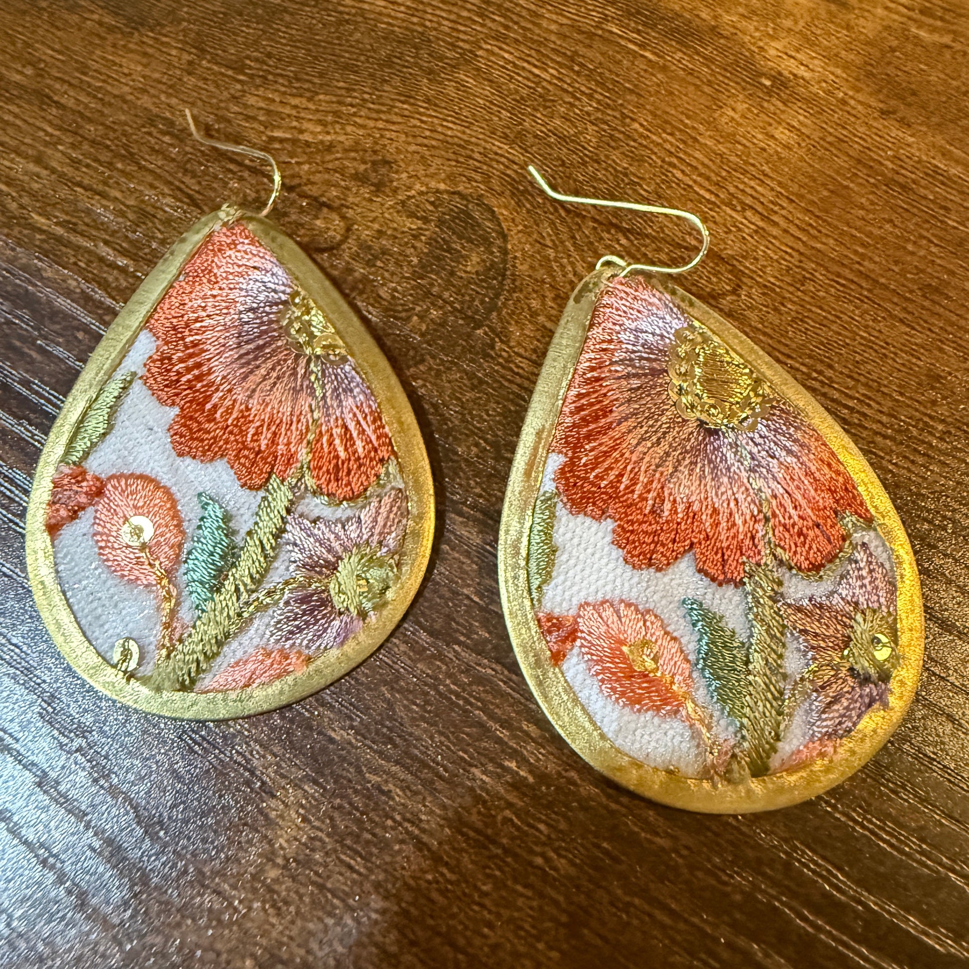Spring in Bloom Embroidered Teardrop Earrings With Floral Gold Frame Wild West Boho