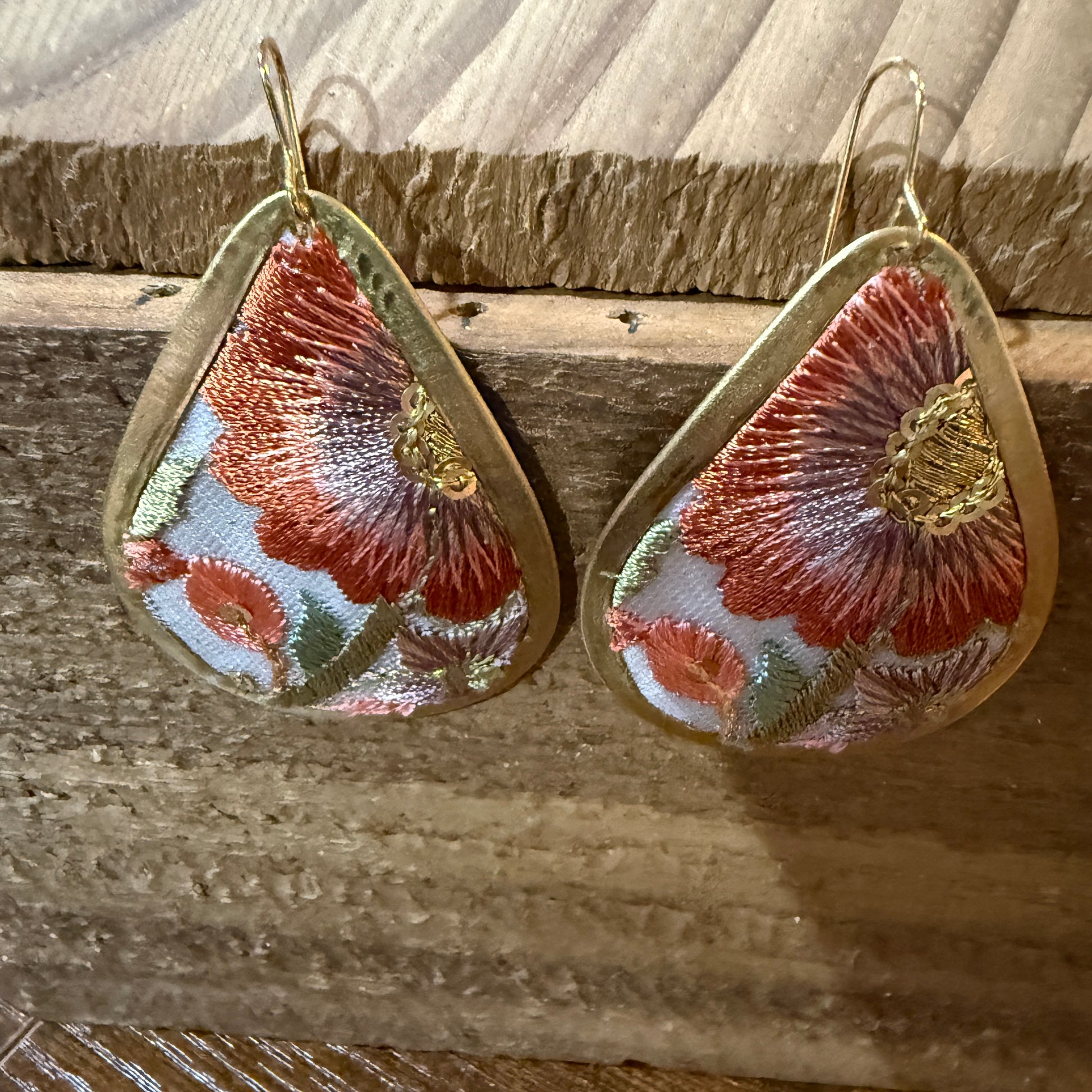 Spring in Bloom Embroidered Teardrop Earrings With Floral Gold Frame Wild West Boho
