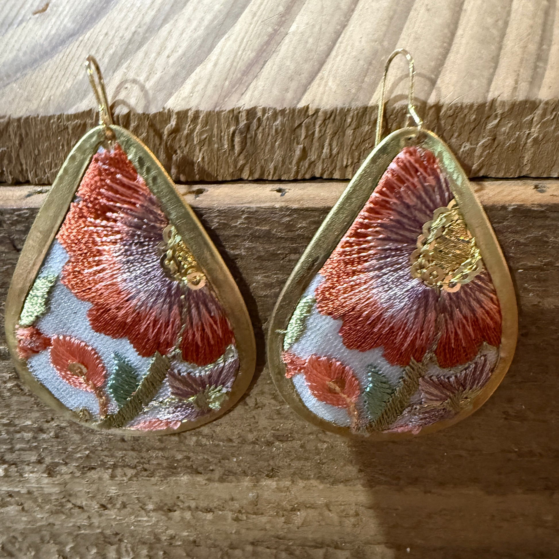 Spring in Bloom Embroidered Teardrop Earrings With Floral Gold Frame Wild West Boho