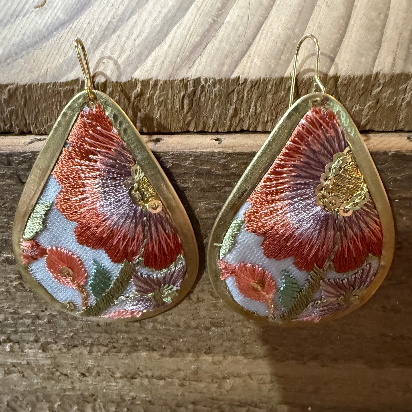 Spring in Bloom Embroidered Teardrop Earrings With Floral Gold Frame Wild West Boho