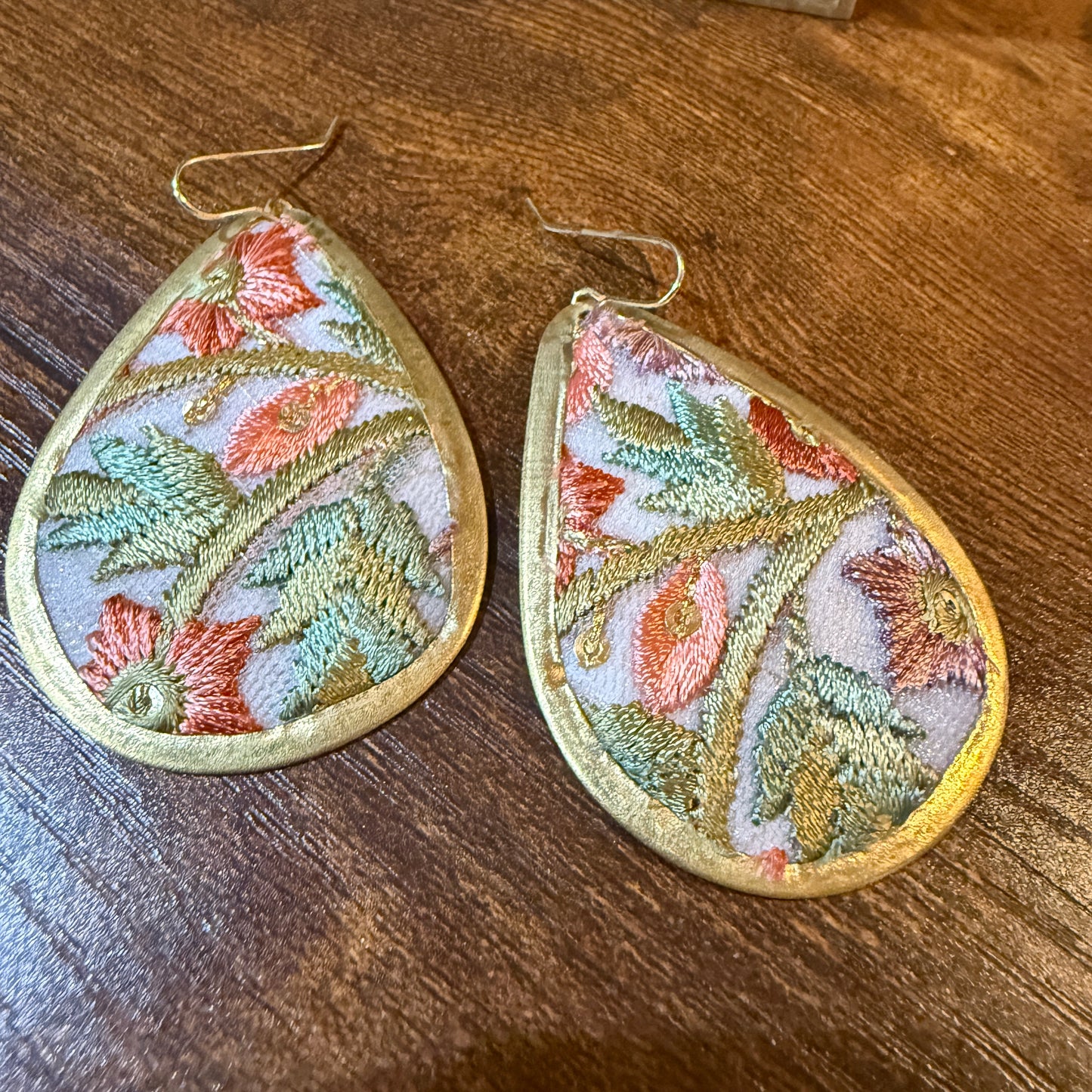 Spring Bloom Embroidered Teardrop Earrings in Gold Frame Handmade Wild West Boho