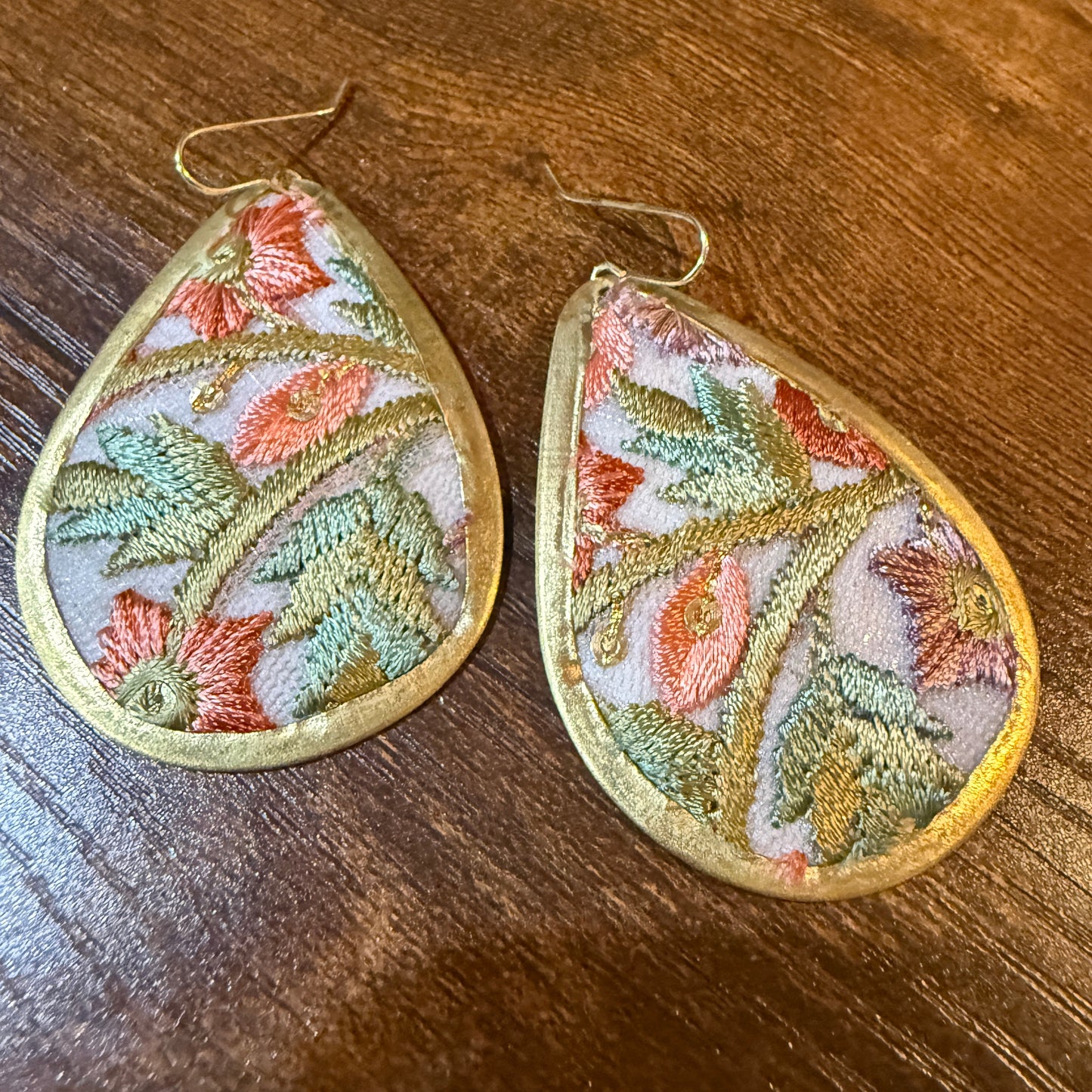Spring Bloom Embroidered Teardrop Earrings in Gold Frame Handmade Wild West Boho