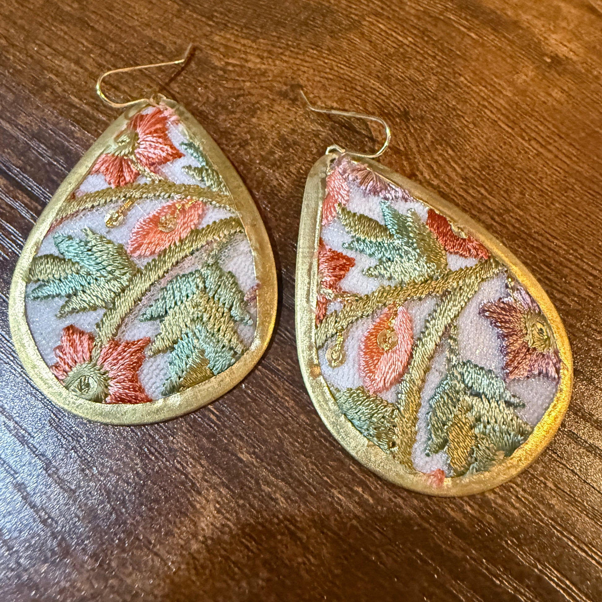 Spring Bloom Embroidered Teardrop Earrings in Gold Frame Handmade Wild West Boho
