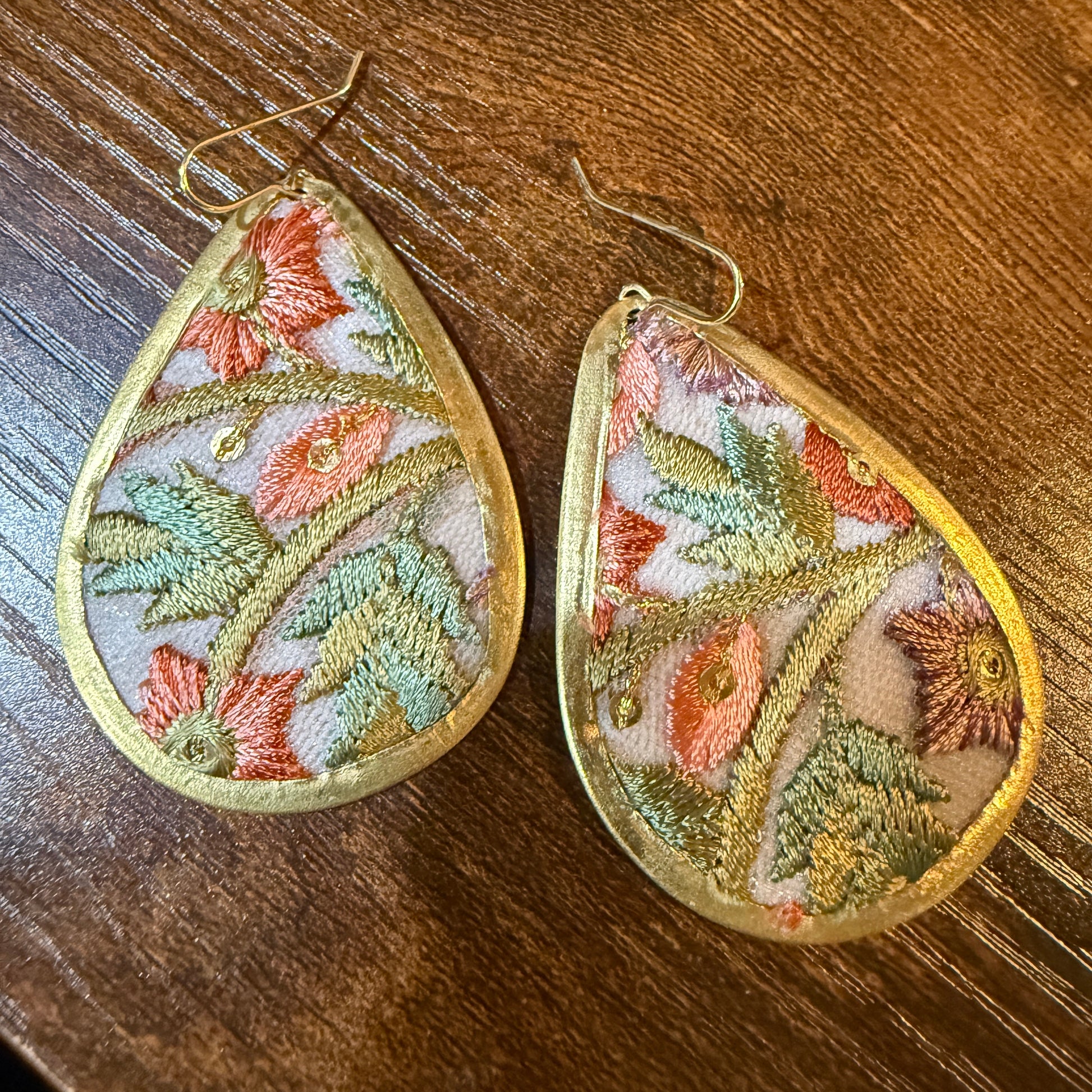 Spring Bloom Embroidered Teardrop Earrings in Gold Frame Handmade Wild West Boho