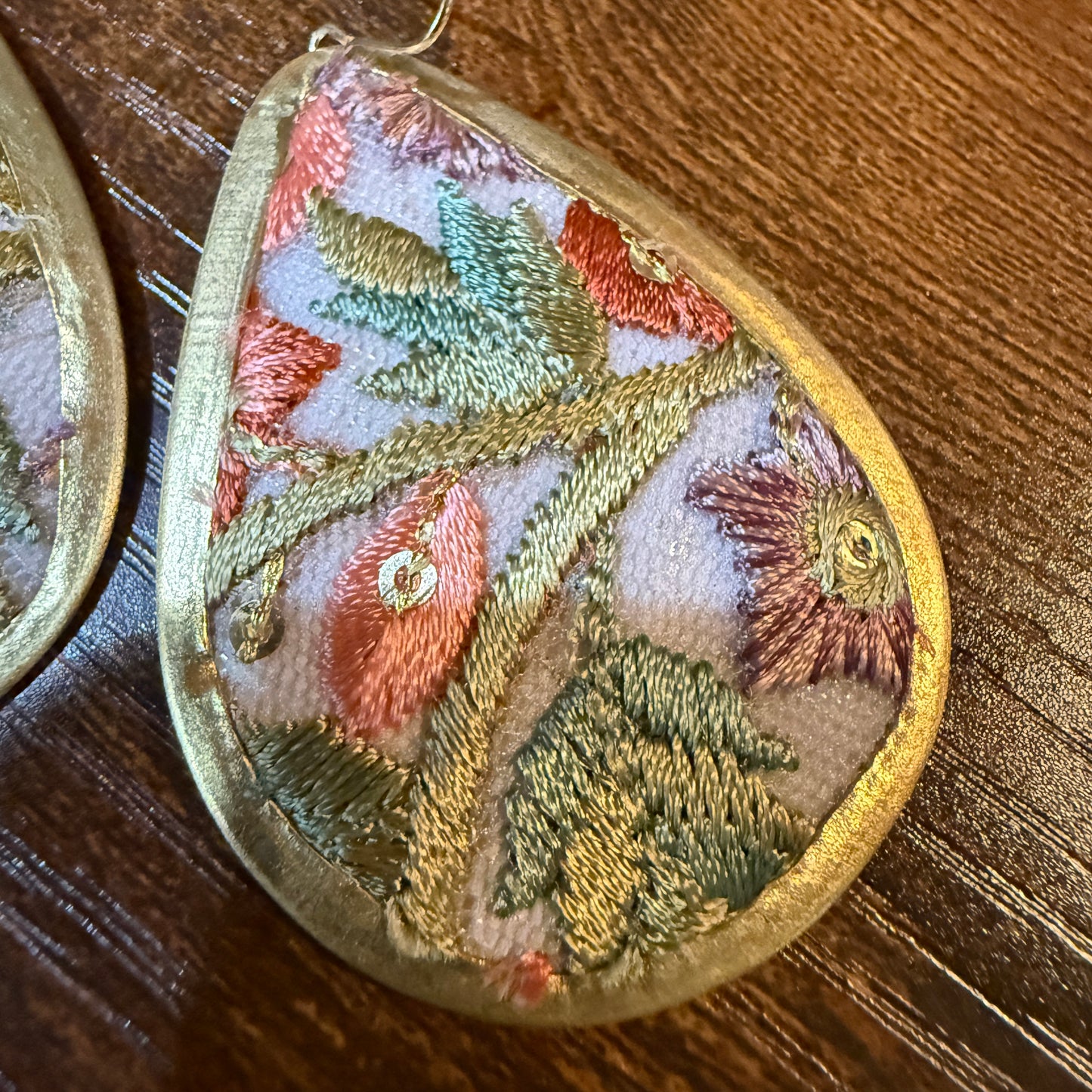 Spring Bloom Embroidered Teardrop Earrings in Gold Frame Handmade Wild West Boho