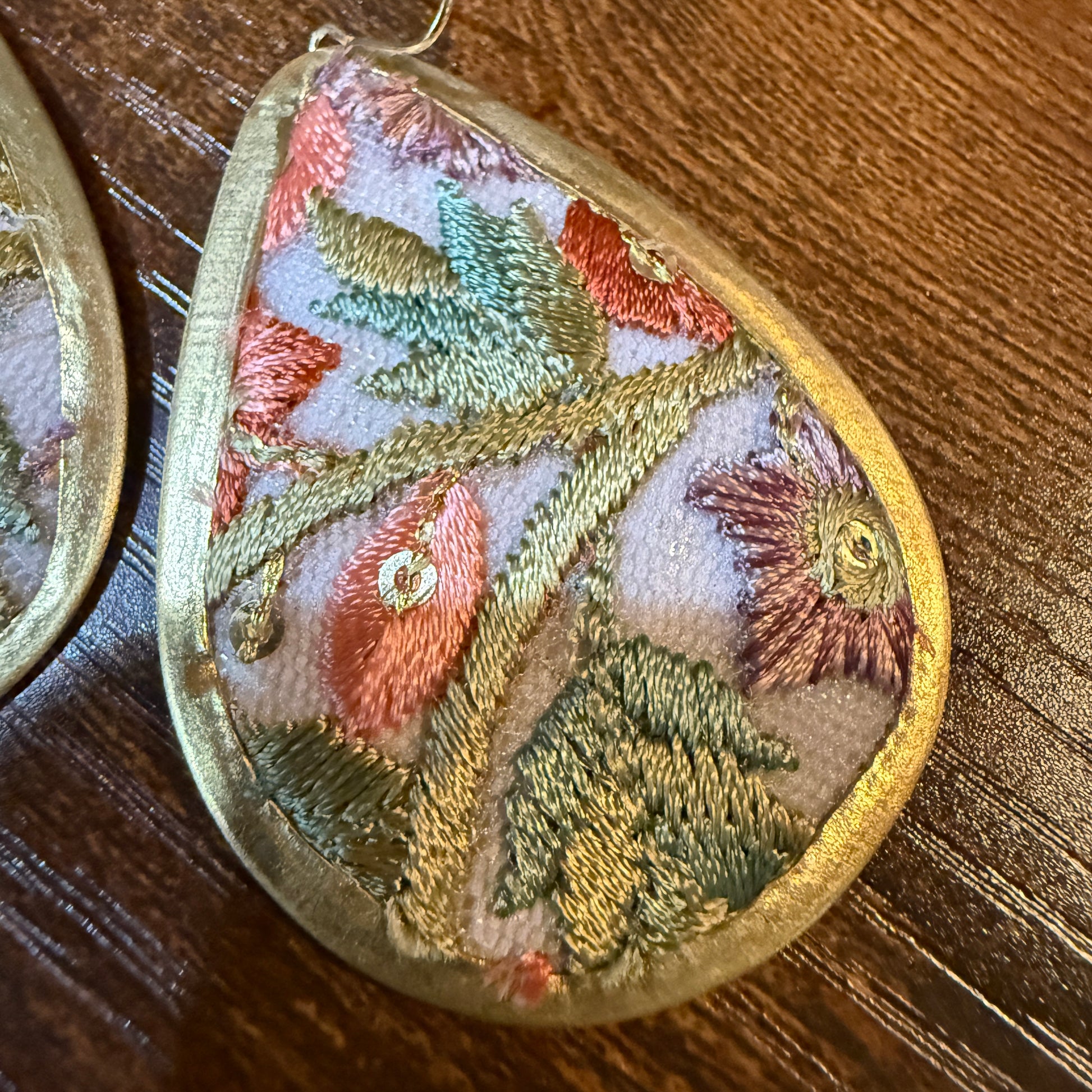 Spring Bloom Embroidered Teardrop Earrings in Gold Frame Handmade Wild West Boho