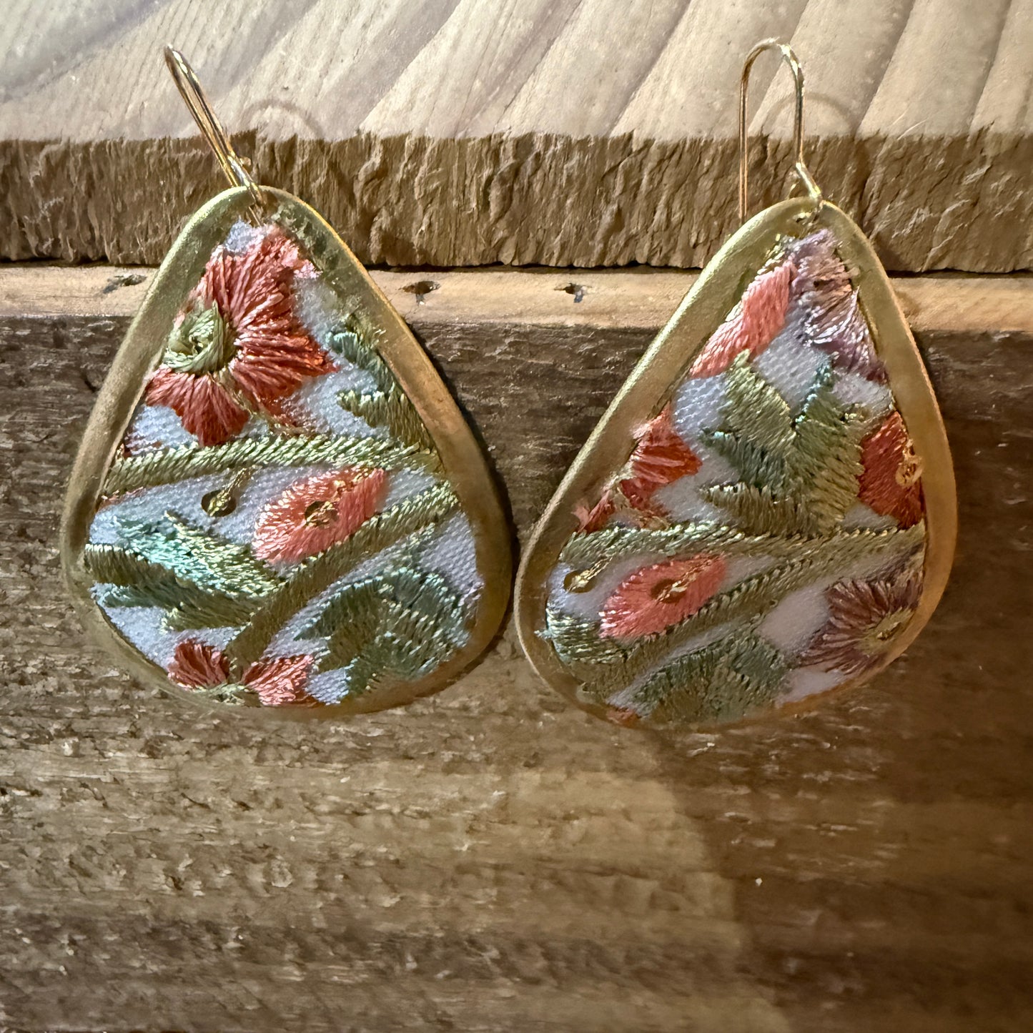Spring Bloom Embroidered Teardrop Earrings in Gold Frame Handmade Wild West Boho