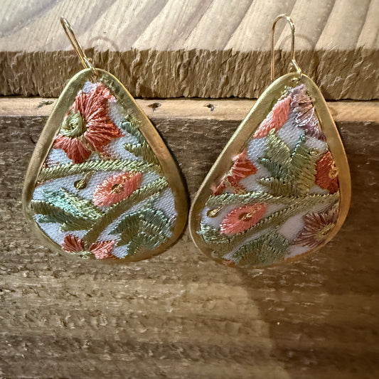 Spring Bloom Embroidered Teardrop Earrings in Gold Frame Handmade Wild West Boho