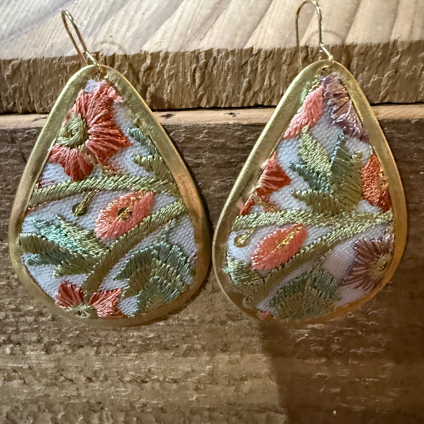 Spring Bloom Embroidered Teardrop Earrings in Gold Frame Handmade Wild West Boho