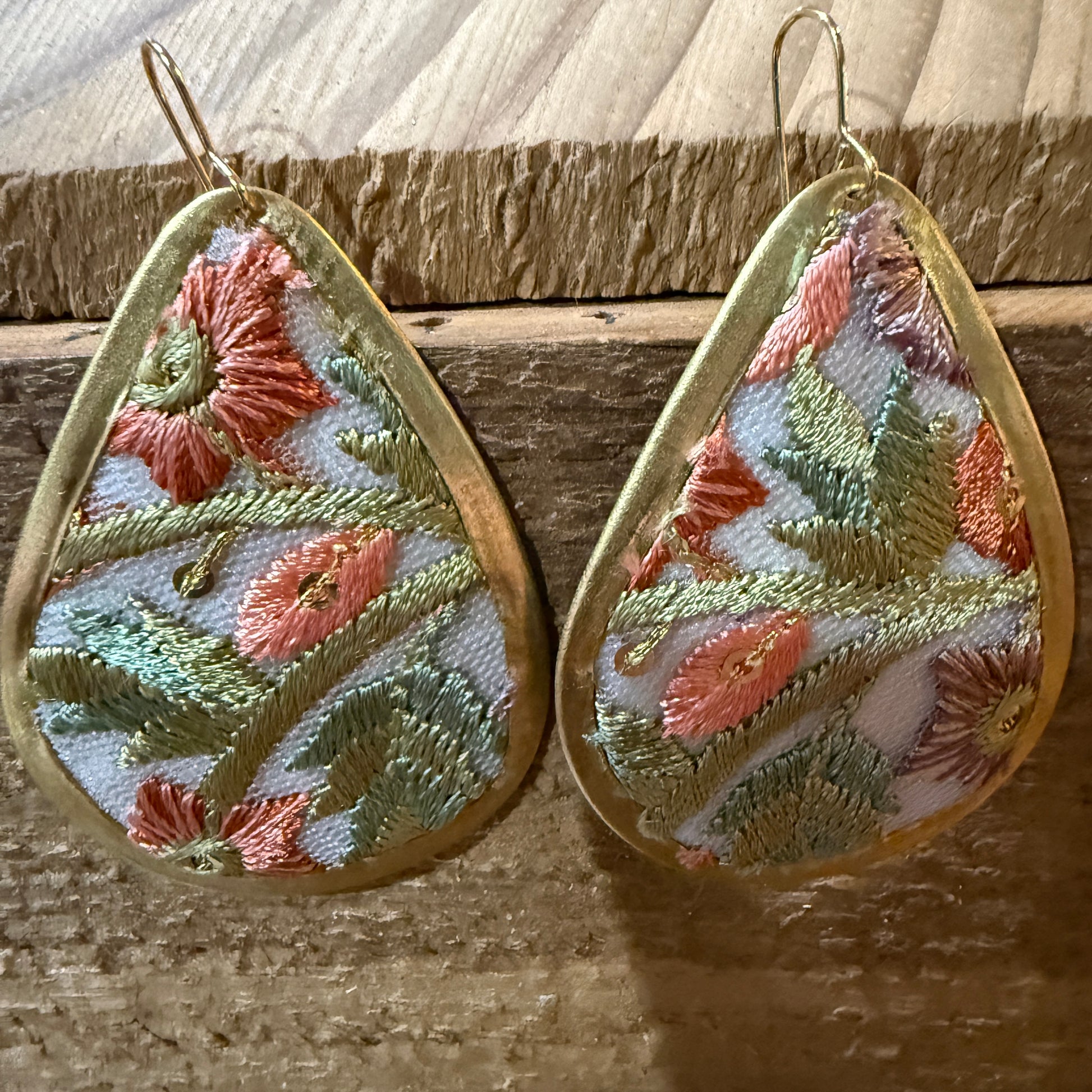 Spring Bloom Embroidered Teardrop Earrings in Gold Frame Handmade Wild West Boho